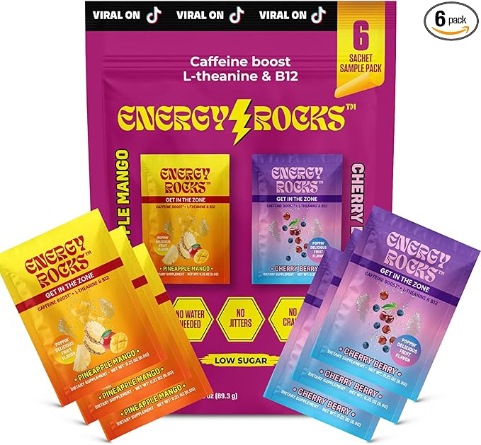 No Water Energy Packets - Instant Energy Supplement with 100mg Caffeine + L-Theanine + B12, Pre Workout, Zero Crash Formula (6 Sachets, Cherry Berry & Pineapple Mango)