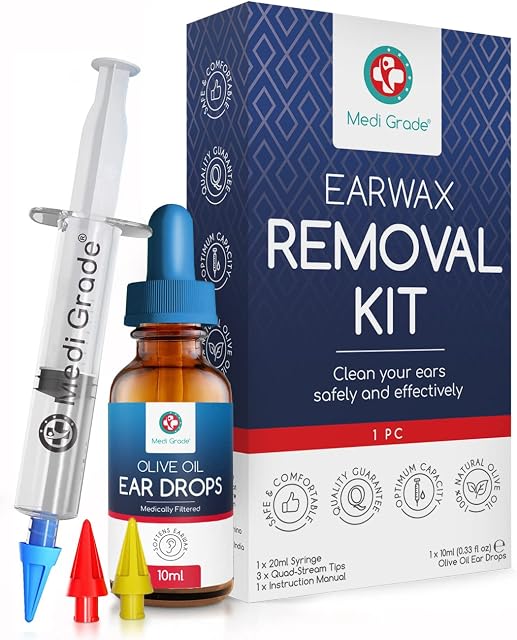 Ear Wax Removal Kit, Ear Wax Vacuum by Medi Grade - with Olive Oil Ear Drops - Reusable Ear Cleaner -3 x Soft Quad-Stream Ear Wax Removal Syringe Tips - Ear Syringe Kit for Removing Ear Wax Home Use