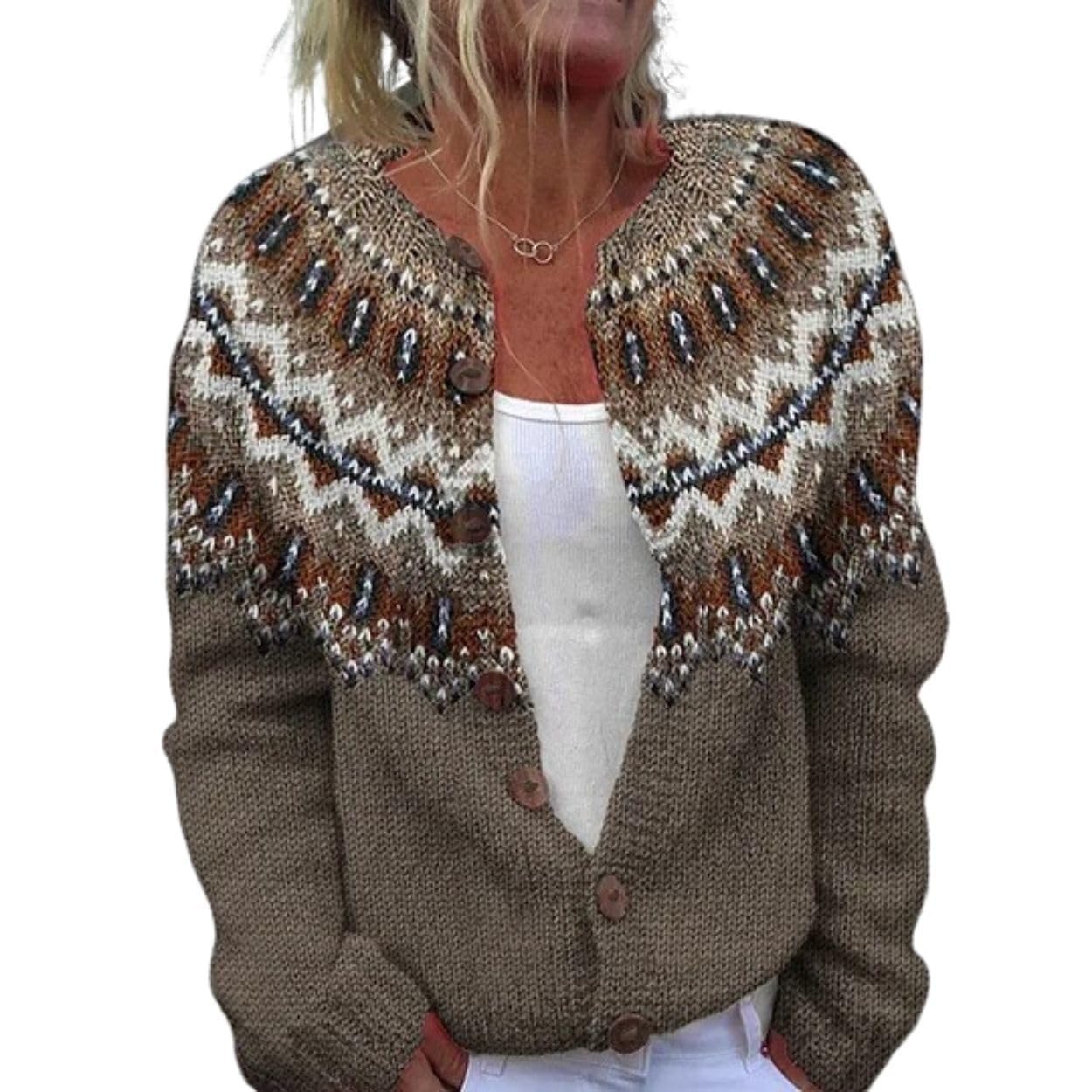 Women Floral Print Fair Isle Sweater Crewneck Button Down Cardigan Sweaters for Women Fall Open Front Knit Jacket