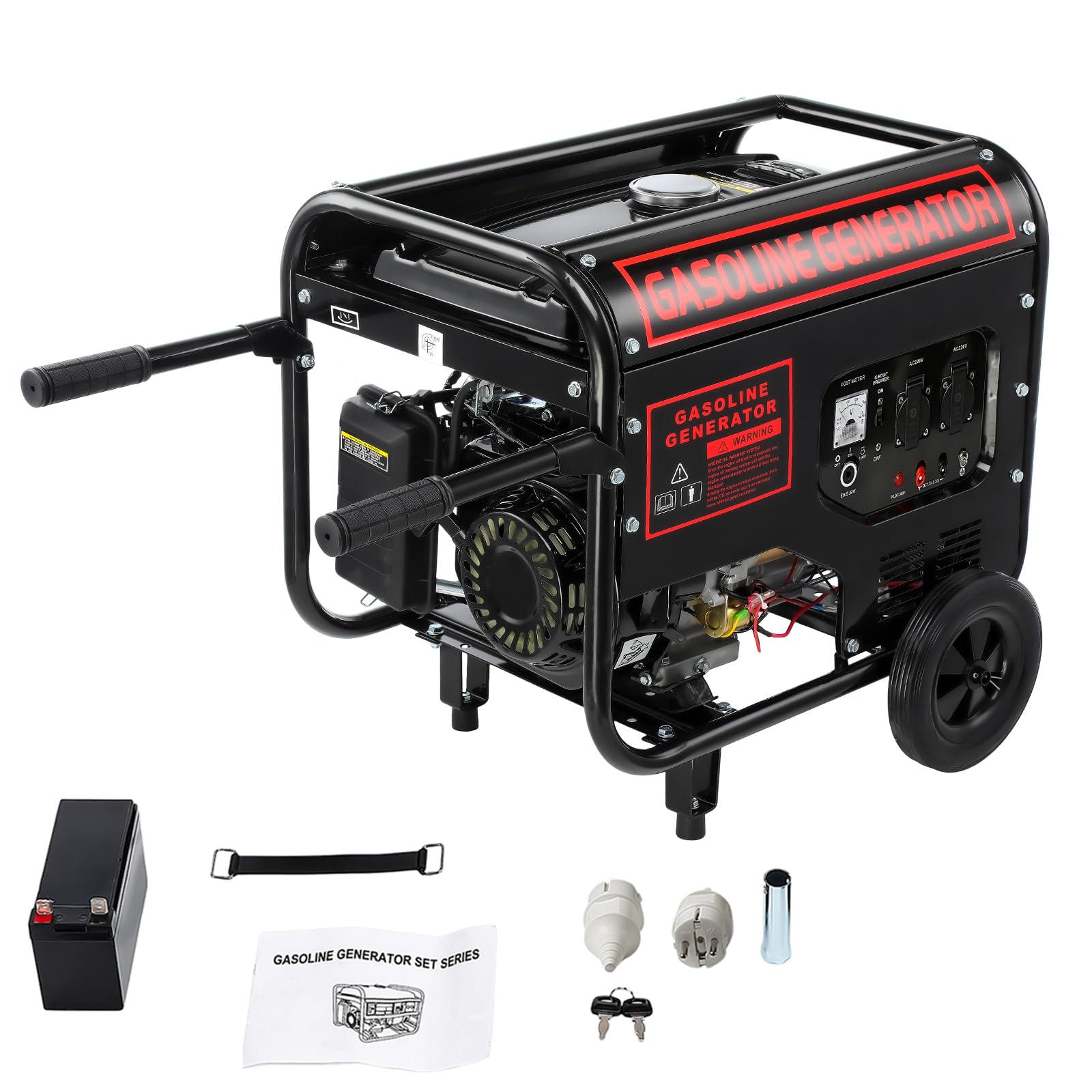 Benzin Stromgenerator mit E-Start | 4-Takt Benzin Motor mit 12PS | 5000W Leistung | 274mm Hubraum | 2x 230V | 12V Anschluss | 15L Tank | AVR-Technologie | inkl. Fahrvorrichtung