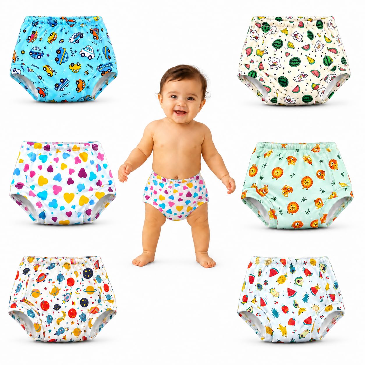 VParents Padded Underwear for Babies and Toddlers with 3 Layers of Cotton Padding Potty Training Pull Up & Diaper-Free Time Pack of 6(2-3 years) Lion car Heart galaxy watermelon Fruitie-picture-26