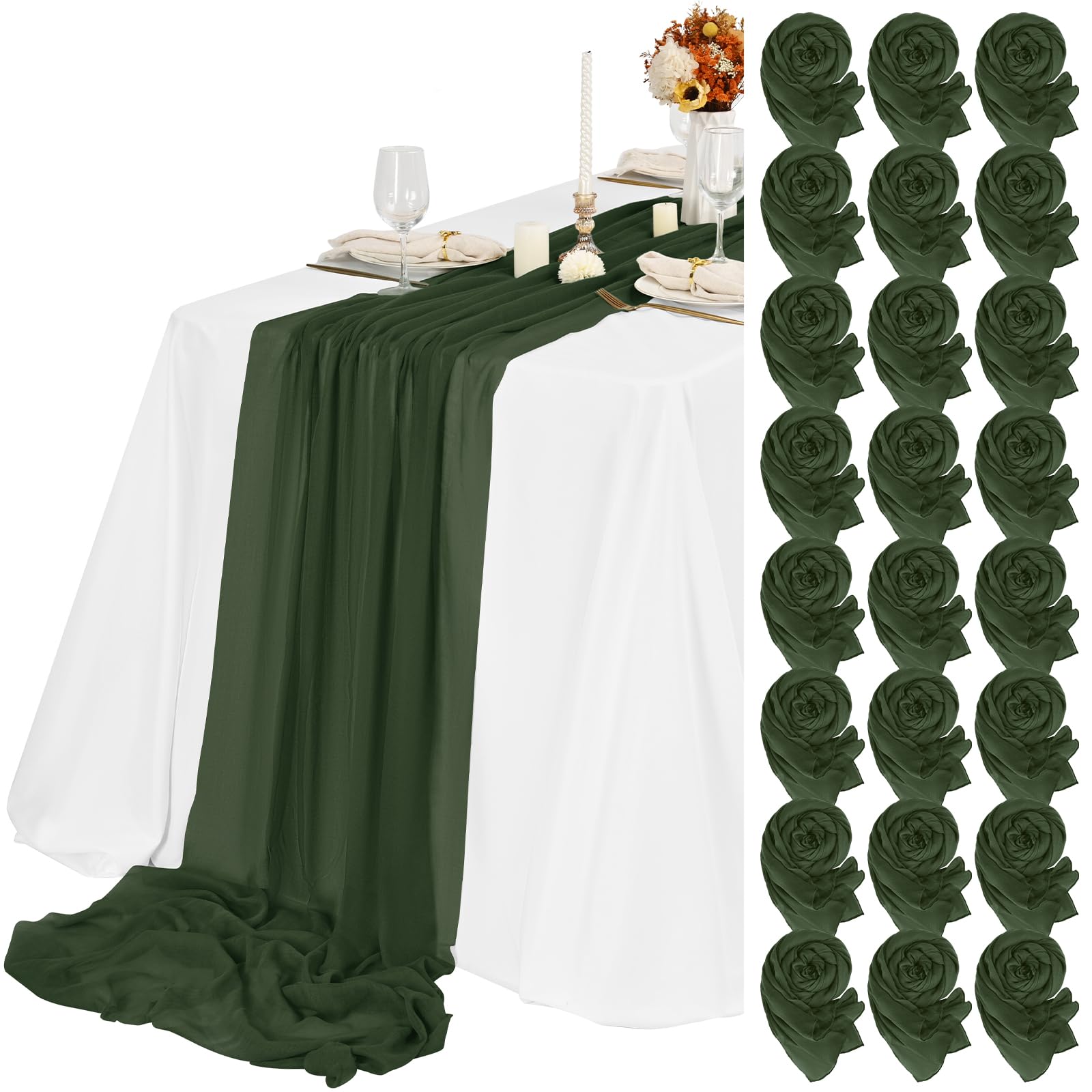 Photo 1 of 24 Packs Hunter Green Cheesecloth Table Runner,10ft Green Rustic Gauze Boho Wedding Table Runner Decoration, Wedding Table Decor Sheer Table Runner for Wedding Party Bridal Shower Table