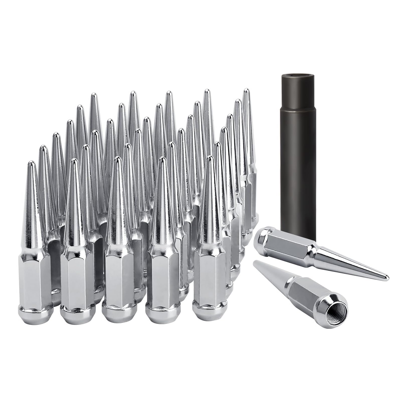 DYNOFIT 9/16-18 Wheel Spike Lug Nuts, 32x Chrome 9/16 inchx18 Lug Nut with 1 Socket Key, DYNOFIT 4.4'' Tall Closed End Lug Nuts for 1994-2011 Dodge Ram 1500 2500 3500/1988-1998 F250 F350