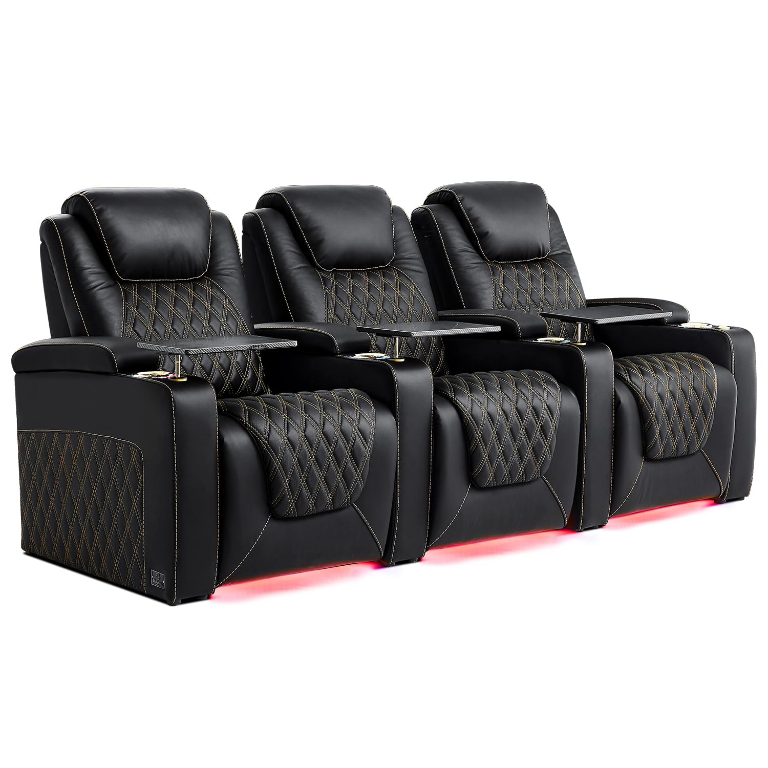 Weilianda Chic Top Grain Leather Home Theater Seating Power Headrest Recling Movie Gaming Recliner Sofa with 7 Colors Ambient Lighting, Golden Cup