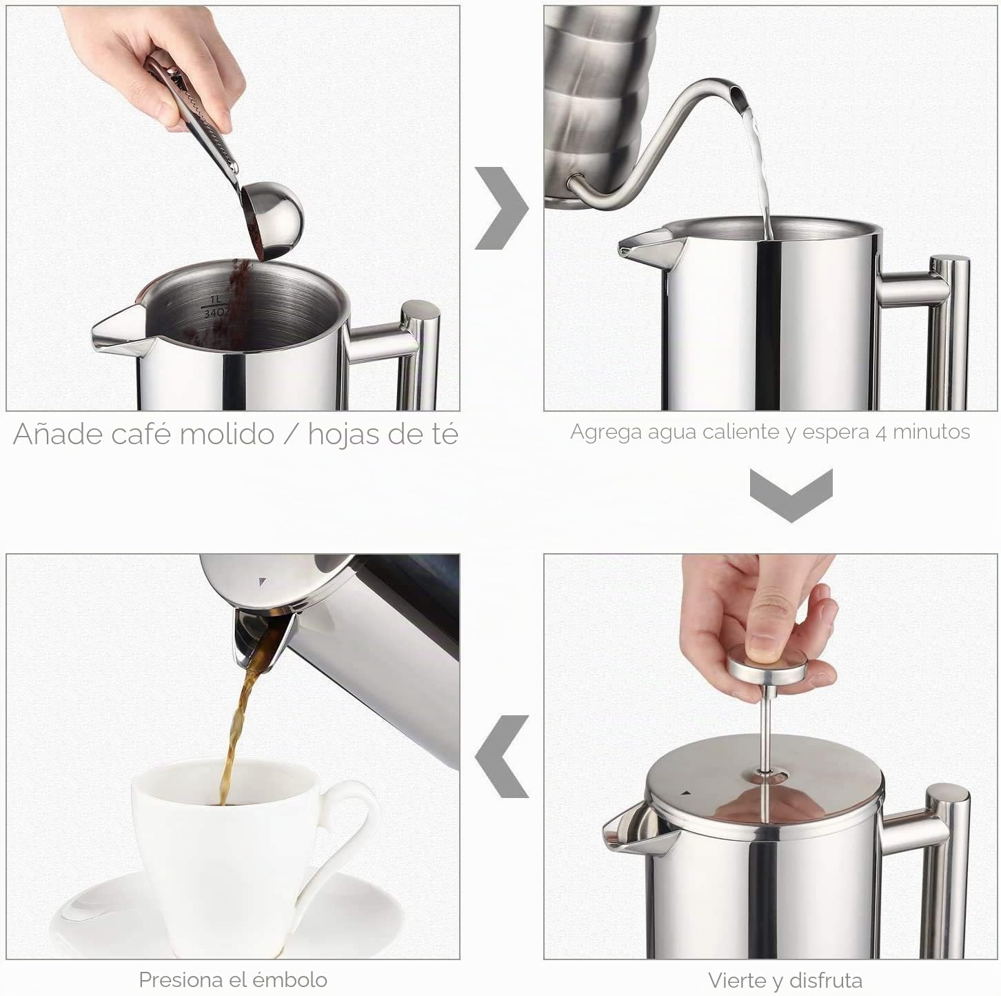 Cafetera French Press de 1,5 litros, de acero inoxidable, doble pared, aislada, con 2 tamices extra, color plateado, 1500 ml