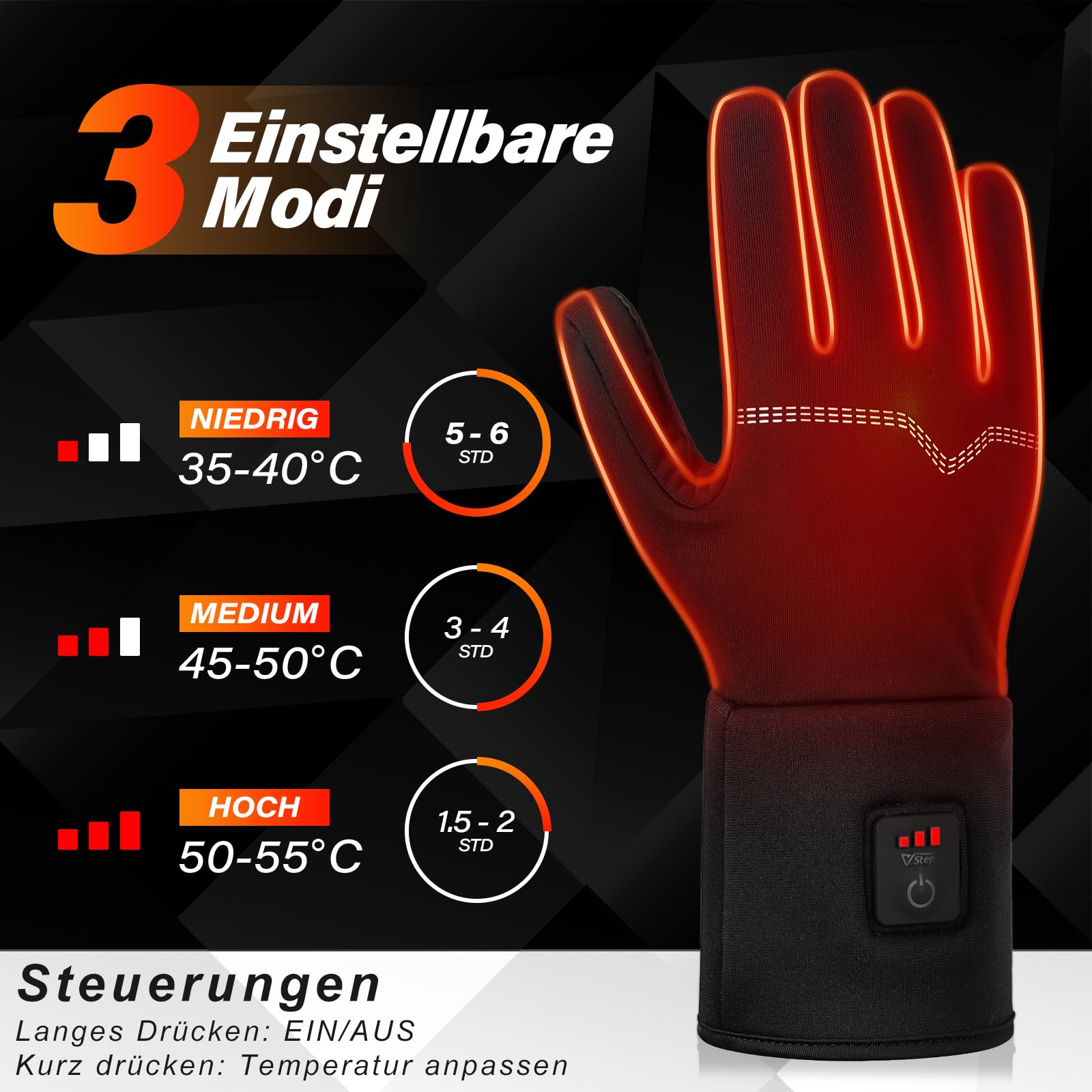 V.Step beheizbare Handschuhe, USB-wiederaufladbare elektrische Vollheizhandschuhe, Touchscreen-Winter-Handwärmer mit Akku für Damen und Herren, 3 Temperaturstufen, für Outdoor-Arbeit