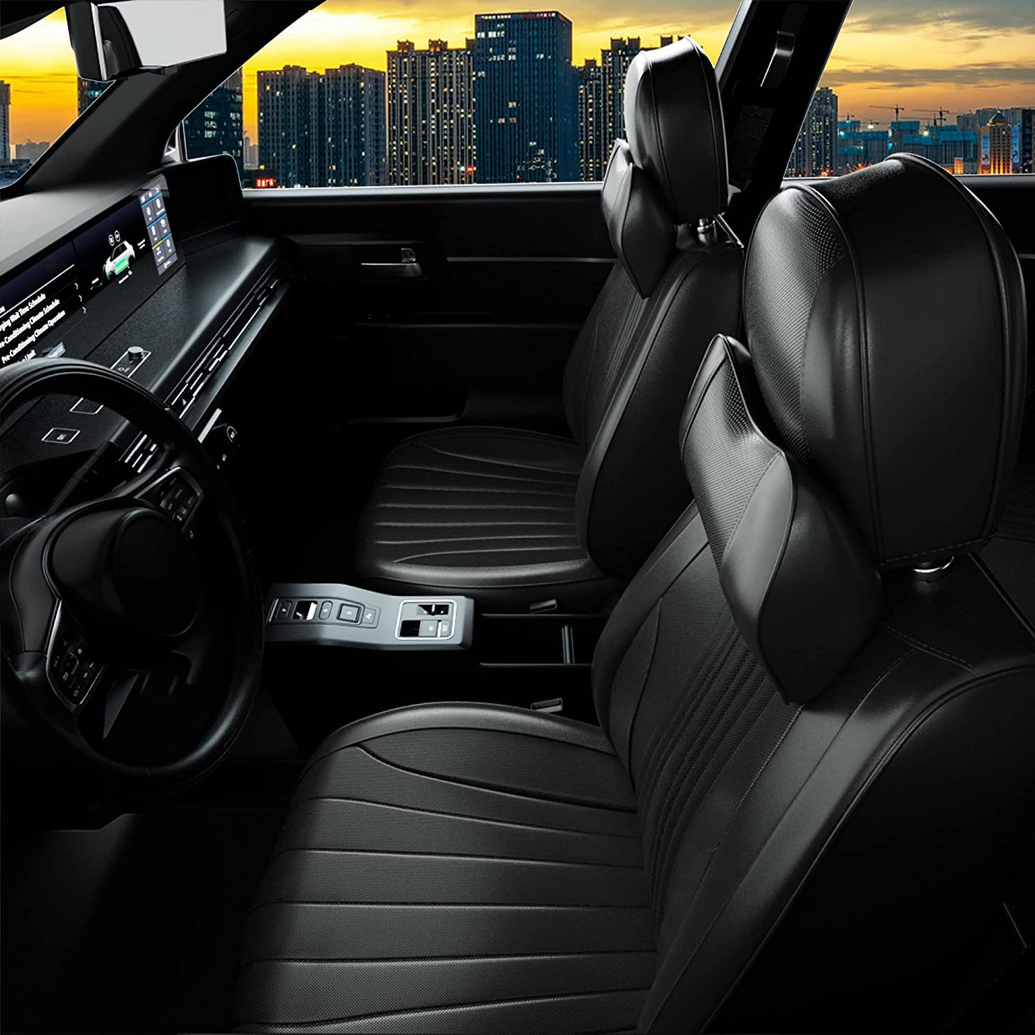 Photo 1 of FEELON 2 Pieces LB Front Car Seat Covers, Waterproof Nappa Leather Front Car Seat Protectors with Headrests, Universal Auto Interior Fit for Sedans SUV Pick-up Truck, Black