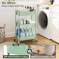 Vista 7 de Carrito de almacenamiento de 3 niveles de metal con ruedas, carrito de pañales de bebé verde, organizador de tres niveles sobre ruedas, carrito