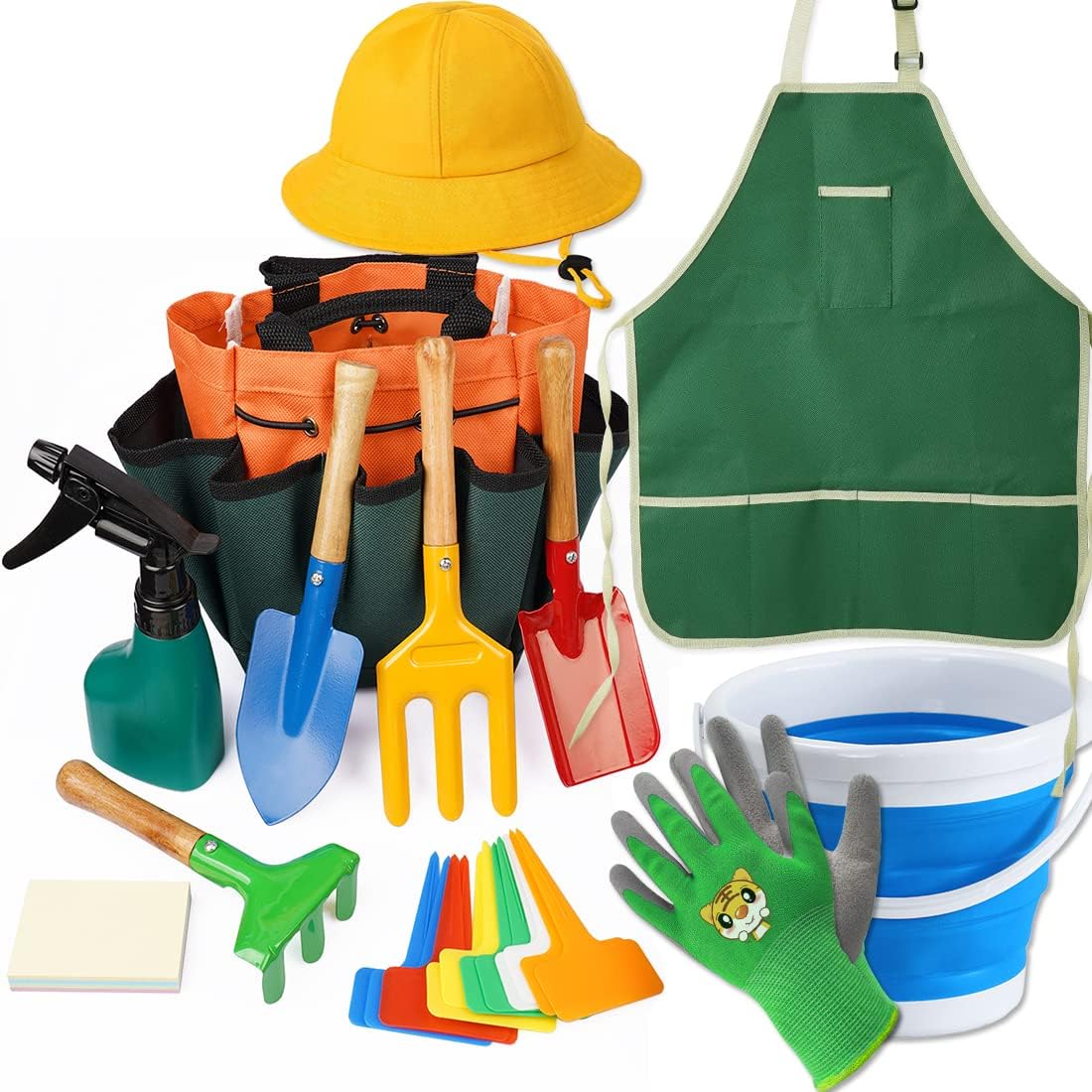 Kidz Gardening Tool Set – Gardening Tools Kit Includes Shovel, Rake, Fork Trowel, Children'z Garden Kit with Sun Hat, Apron, Gloves, Tote Bag, Sprayer and Bucket, Outdoor Play Toyz Gift for Kidz