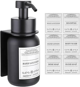 Black Glass Soap Dispenser Wall Mount for Bathroom with Pump and Drill-Free Holders - 8.5 Oz Hand Soap Dispenser, Shower Dispenser with Waterproof Labels