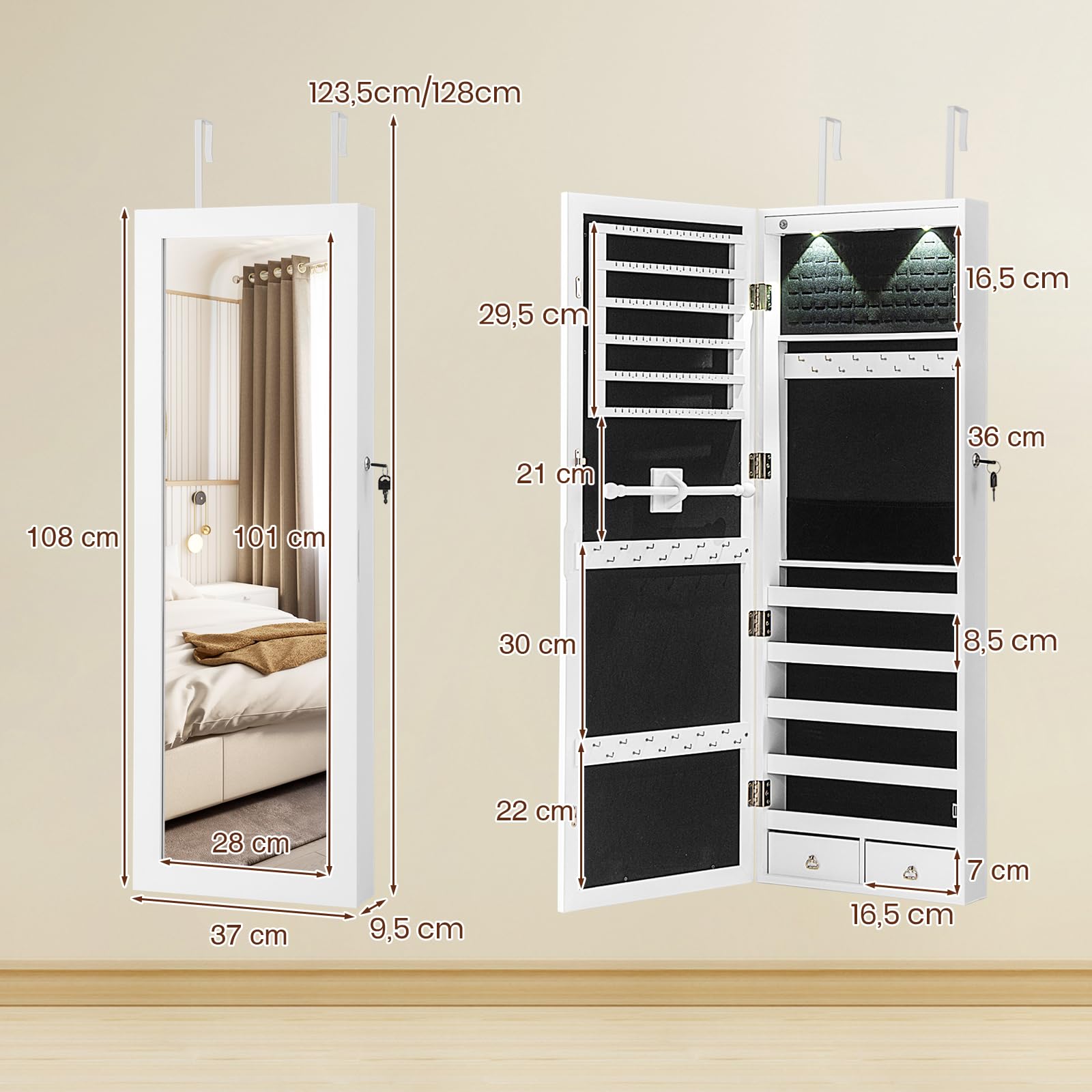 RELAX4LIFE Schmuckschrank hängend, Spiegelschrank mit 2 Schubladen & 2 LEDs & Schloss, Schmuckorganizer für Ohrringe & Armband & Kette & Ringe & Kosmetik, Tür- & Wandmontage (Weiß)
