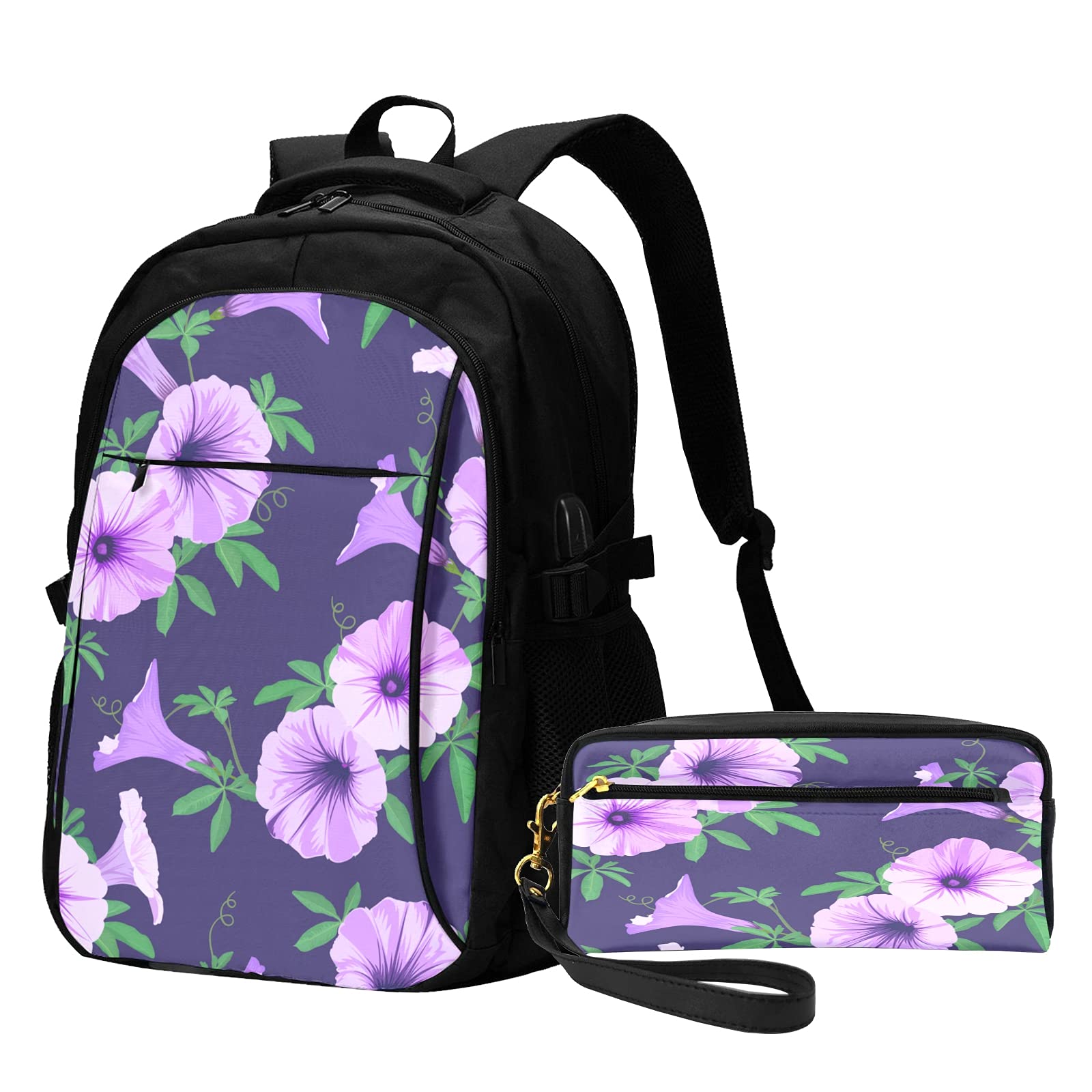 Business Backpack With Pencil Case Purple Spring Retro Morning Glory Laptop Bag With Usb Charging Po