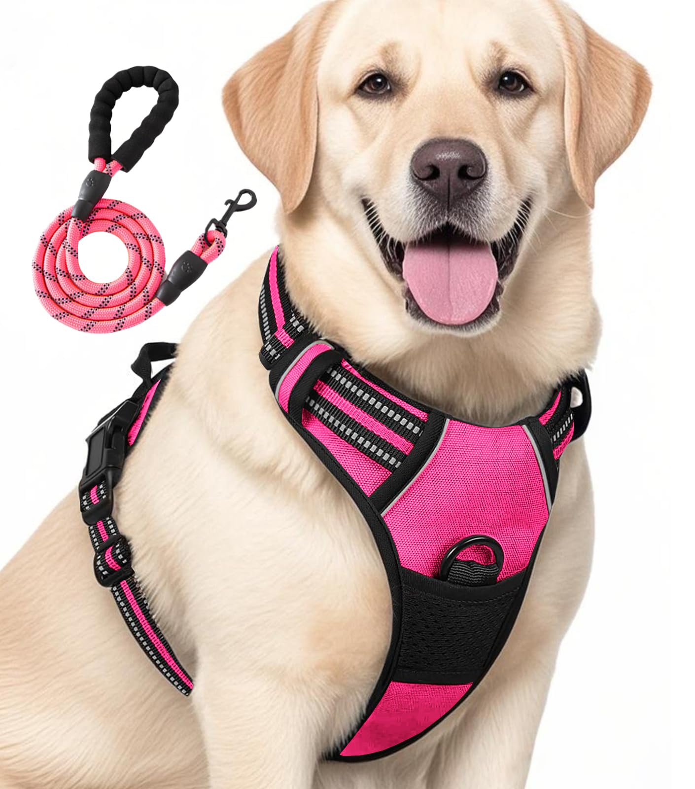 Jomkig No Pull Dog Harness Reflective No-Choke Harness with Front Back Clips Adjustable Soft Padded Pet Vest with Easy Control Handle for Large Dogs, Rose Red, X-Large