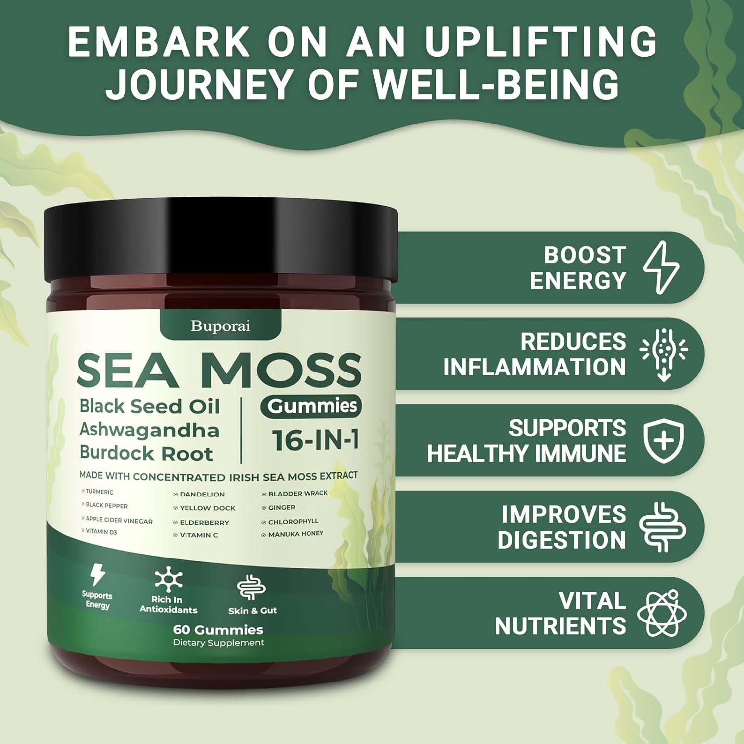 Sea Moss Gummies 16-1, Black Seed Oil Ashwagandha Turmeric Bladder Wrack Vitamin C Vitamin D3 Elderberry Manuka Dandelion Yellow Dock Apple Cider Vinegar for Men & Women