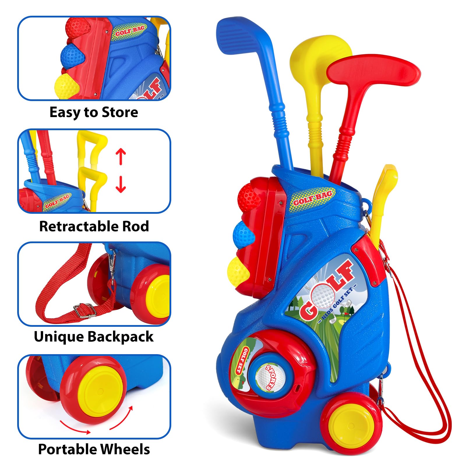 Jovizo Toddler Golf Set for Boys Girls 2 3 4 5 Years Old, Upgraded Kids Golf Cart with 3 Clubs & 8 Balls, Outdoor Indoor Sports Toys Birthday Gift, Blue