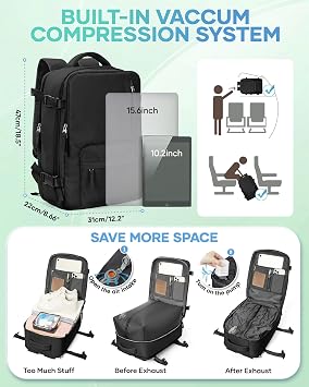 SZLX Vacuum Backpack Travel Bag with Pump Large Travel Backpack Cabin Size Ryanair for Women Men Easyjet Wizzair Underseat Hand Luggage Carry on Cabin Size Flight Rucksack Fit 14 Inch Laptop