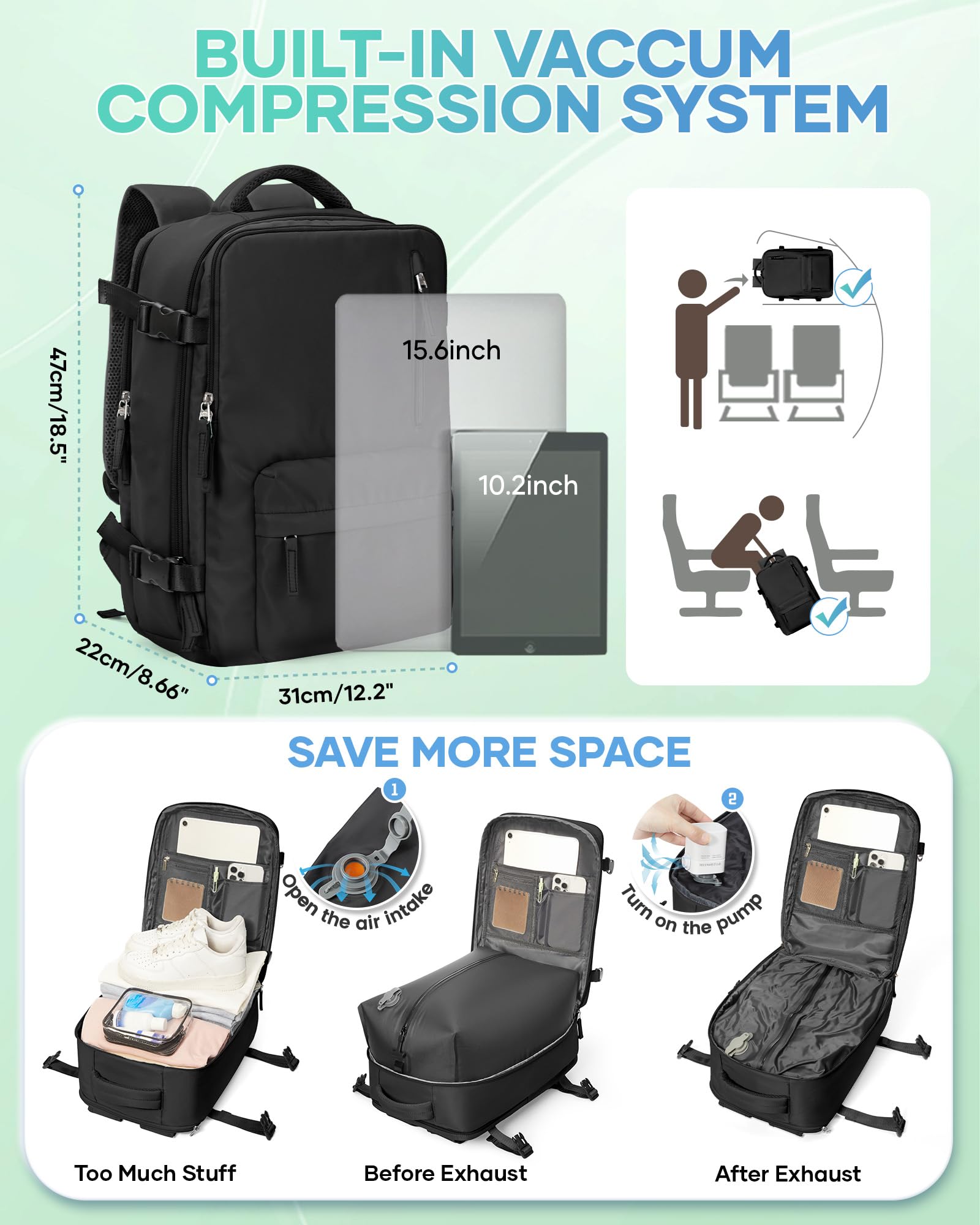 SZLX Sac à Dos Sous Vide avec Pompe Sac a Dos Voyage Cabine Avion 40x30x20 Bagage Cabine 40x30x20 Ryanair Wizz air Sac Cabine 40x20x25 Femme Bagage à Main Homme pour Ordinateur Portable 14 Pouces
