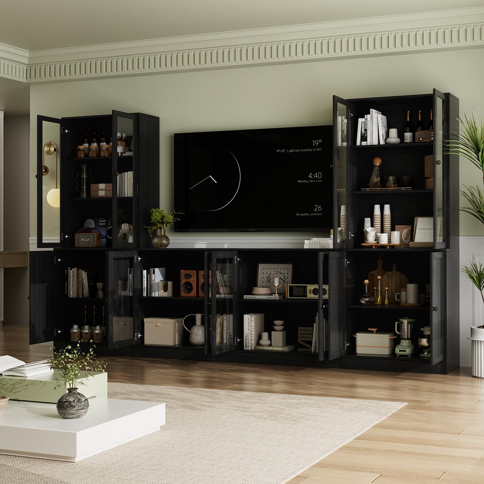 VOWNER Grand Meuble TV Bibliothèque pour Télé jusqu'à 70", 280x180.3x40cm Meuble TV Suspendu avec Portes en Verre et Étagères, Meuble Télé Bois pour Salon, 2B+2D (Noir)
