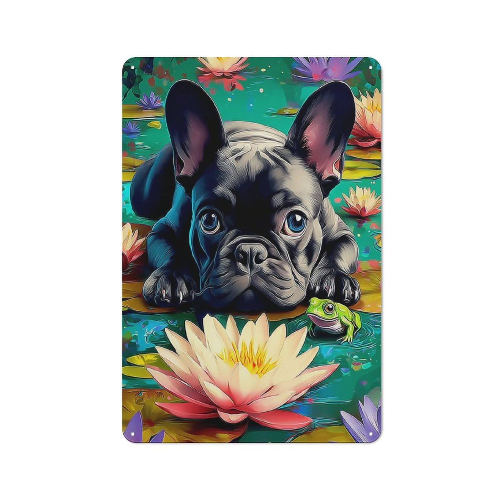 Junmoney French Bulldog And Frog In Lotus Pond Metal Plaque 30X20cm With For Home Bar Wall, Retro Decor, For Garage, Workshop And Man Cave Decoration