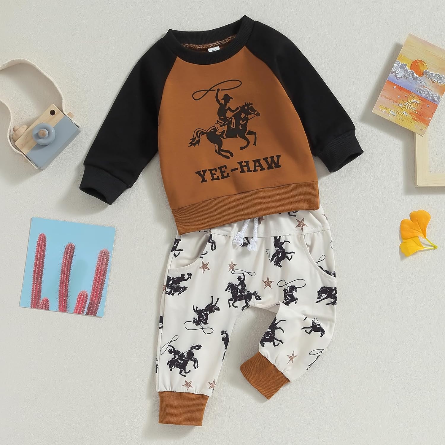 SAYOO Western Baby Boy Clothes Cow Print Sweatshirt Pullover Top Jogger Pants 2Pcs Toddler Boy Cowboy Fall Winter Outfits - Image 2
