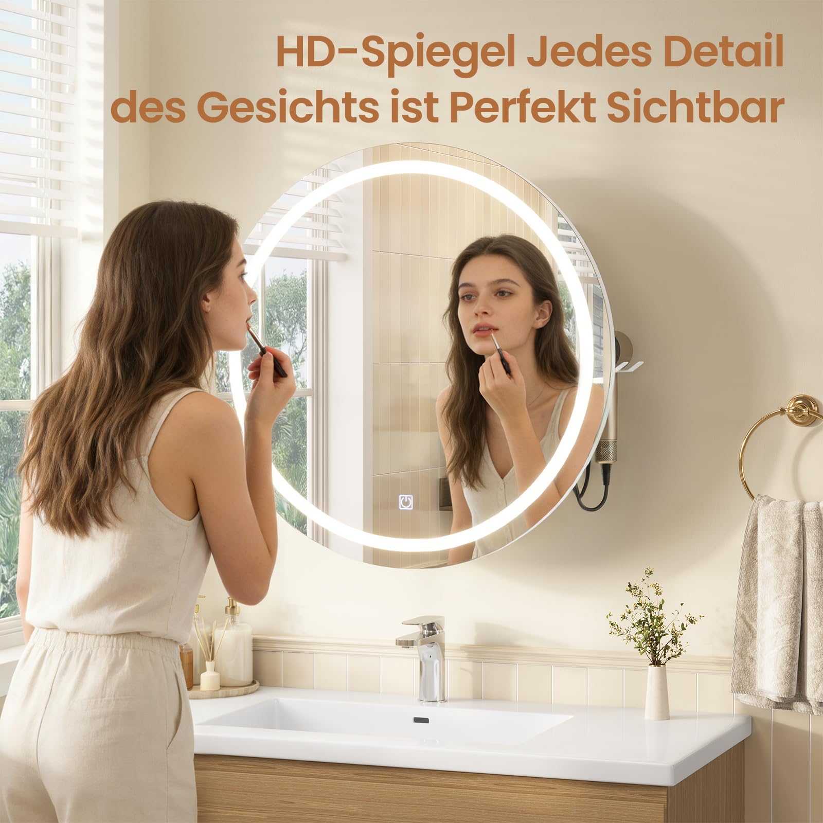 KIMENICH Runder Spiegelschrank Bad mit LED Beleuchtung, Badspiegel Schrank mit Steckdose und Fönhalter, Runder Badezimmerspiegel Schrank Wandmontage