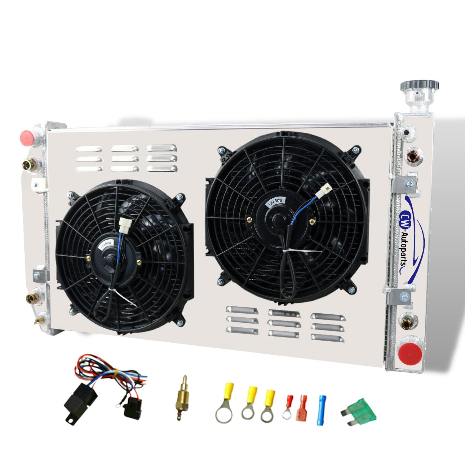 Photo 1 of CW-AutoParts 3 Row Core Radiator + 2 X 12'' Fan W/Shroud & Relay for 1988-1999 Chevy GMC C/K Series 1500 2500 3500 Pickup Suburban 5.0L 5.7L, 3 row radiator+fan+relay kit