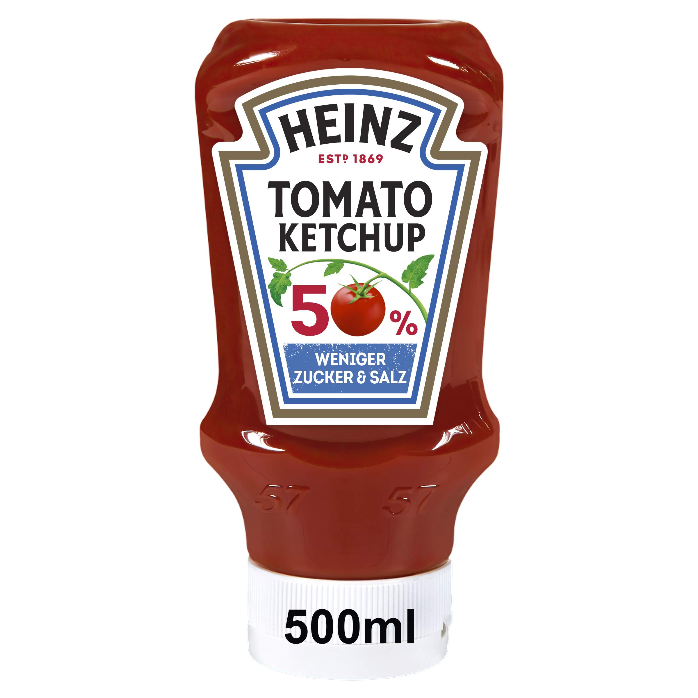 Heinz Tomato Ketchup 50 Prozent weniger Zucker und Salz* – Tomatenketchup in Kopfsteherflasche – 10 x 500 ml