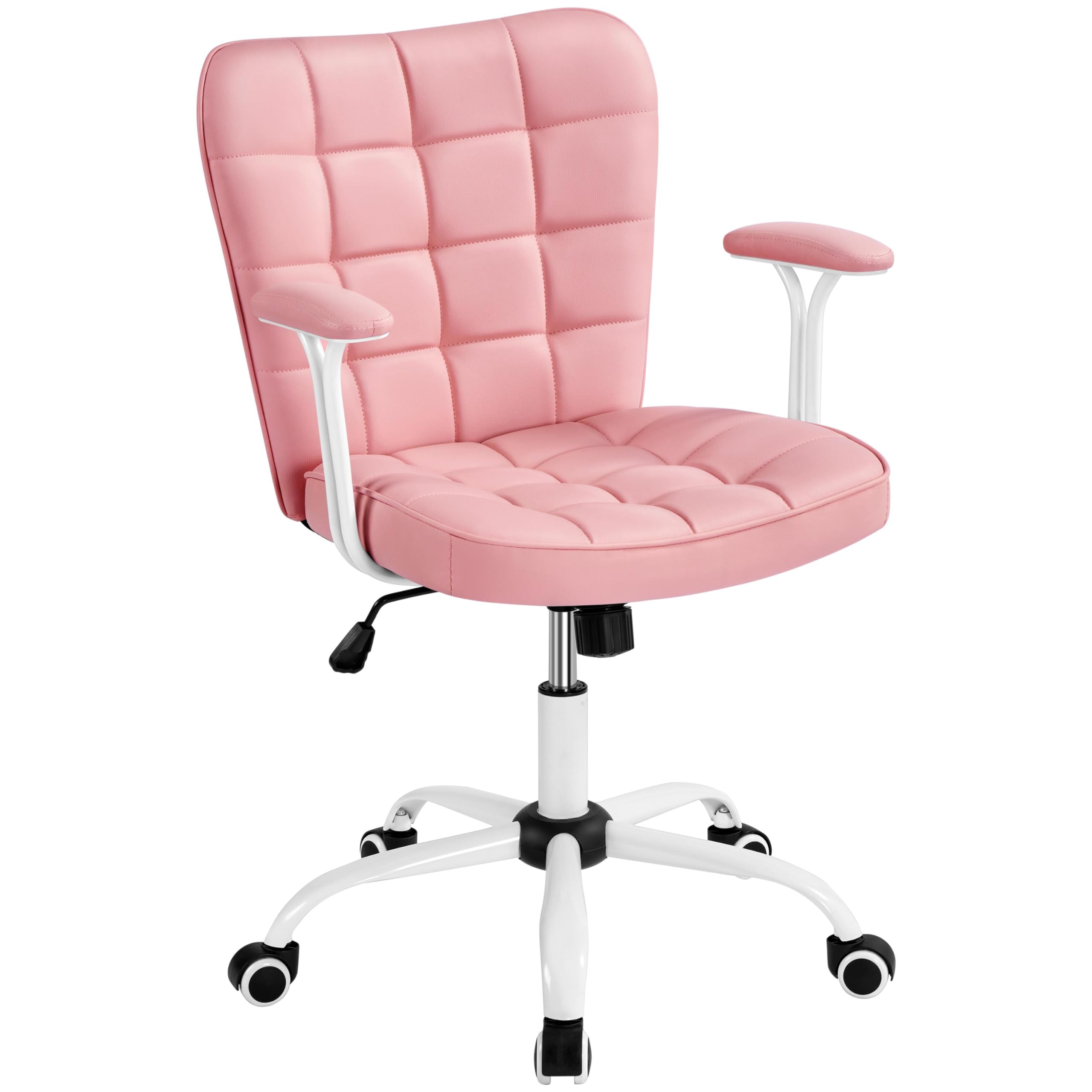 Yaheetech Silla de Oficina con Reposabrazo Silla Oficina Tapizada de Cuero PU Silla con Ruedas Silla Ergonomica Base Metal Rosa