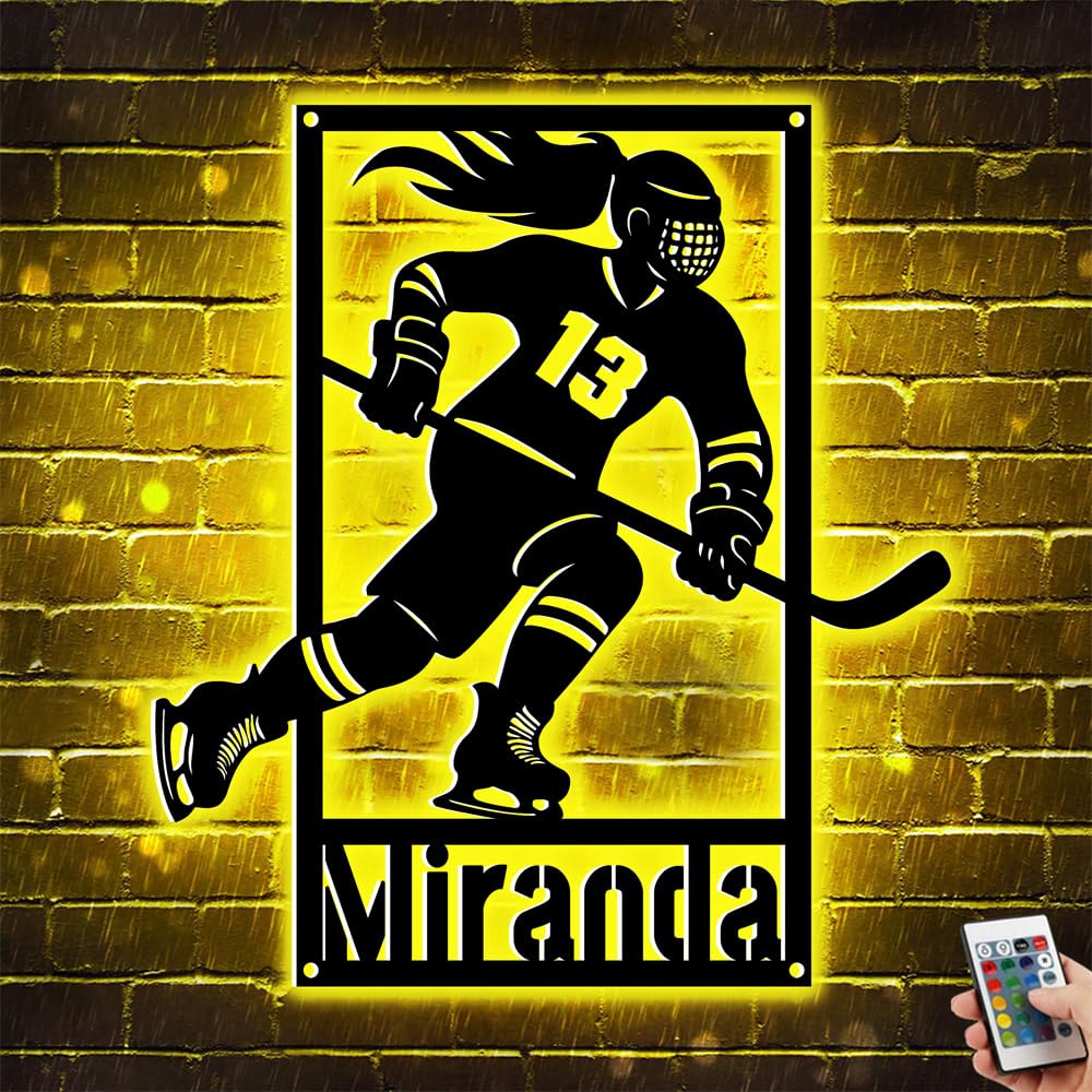 Personalized Women Hockey Player Name Sign with LED Light, Customized Sports Female Hockey Metal Wall Art Sign Decor, Custom Hockey Neon Night Light Lamp, Hockey Player Gifts for Women