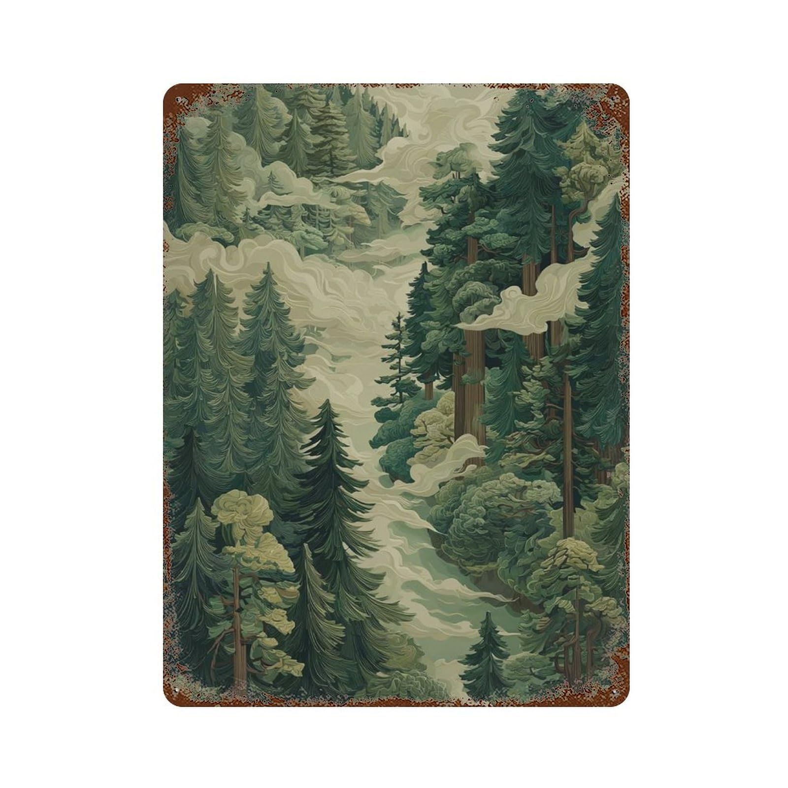 xiaoxiaoshen Forest Fog Misty Pine Trees Green Woodland Landscape Wall Decor Art Metal Tin Poster Modern Home Decor Art Home Bar Shop Decorations Vintage Sign 40x30cm