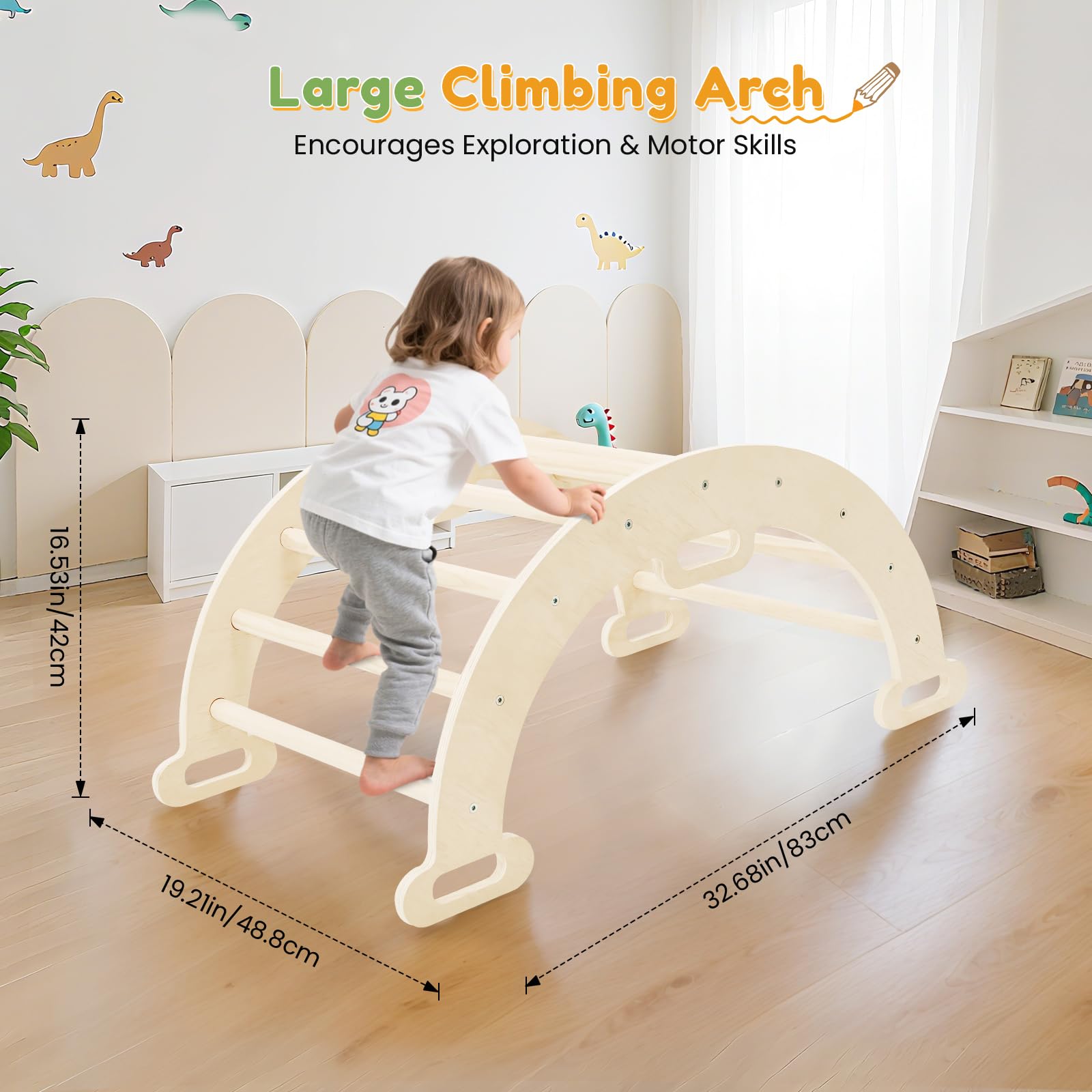 nmoiww Struttura da Arrampicata per Bambini 3 in 1, Scala da Arrampicata in Legno per Bambini con Cuscino Accogliente, Palestra da Gioco Montessori per Interni (Colore Naturale-2.5cm)