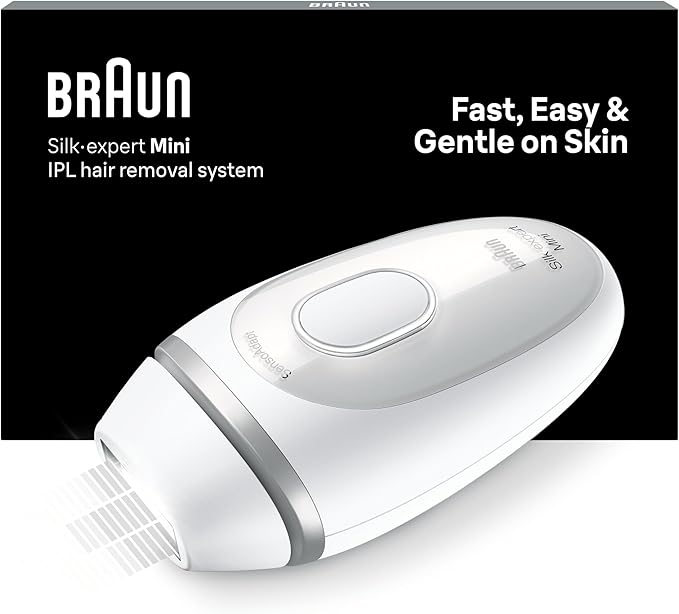 Braun Luz Pulsada Silk-Expert Mini Depiladora IPL, Reducción Del Vello En Casa, Tamaño Compacto, Alternativa a Depilación Láser, Fácil, Segura Y Eficiente, Blanca/Plateada, PL1100