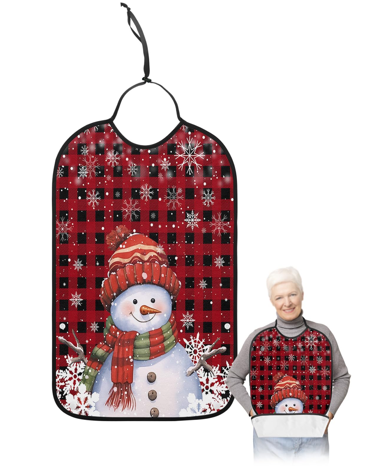 LEOKOTI Red Snowman Christmas Adult Bibs for Eating, Waterproof Bibs with Food Catcher & Snap Closure, Xmas Winter Snowflake Red Black Plaid Washable Clothing Protectors Adult Bibs for Elderly