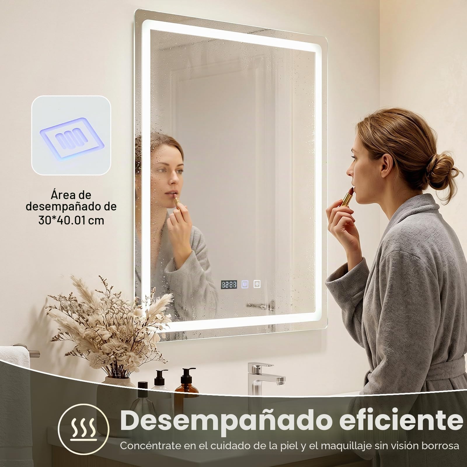 Espejo de baño con iluminación 60 x 80 cm, espejo LED con 3 colores de luz regulable, antivaho, espejo de pared LED horizontal/vertical para baños, lavabos (60 x 80 cm)