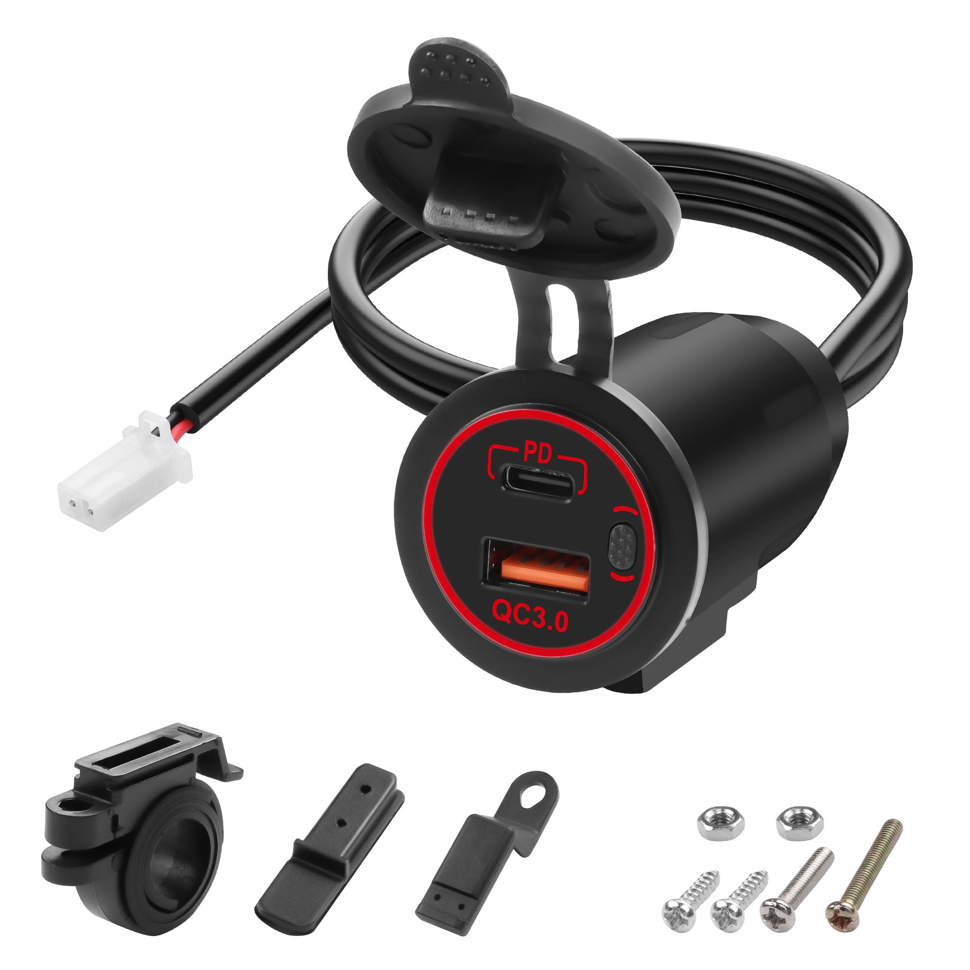 XMSJSIY Motorrad USB-Ladegerät USB-Typ C Schnellladebuchse QC 3.0 18W USB-30W Typ-C Schnellladeadapter mit Schalter Lenker Rückspiegel Halterung - 60CM/1,96FT