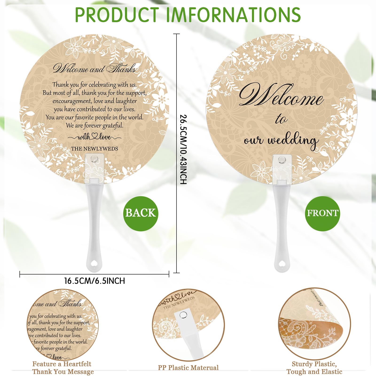 100 Stück Hochzeitsfächer für Gäste, Großpackung Willkommen bei unserer Hochzeit, Kunststoff-Handfächer für Zeremonie, Brautparty, Party, Dekoration, Willkommensbeutel, Füllmaterial (Spitze)