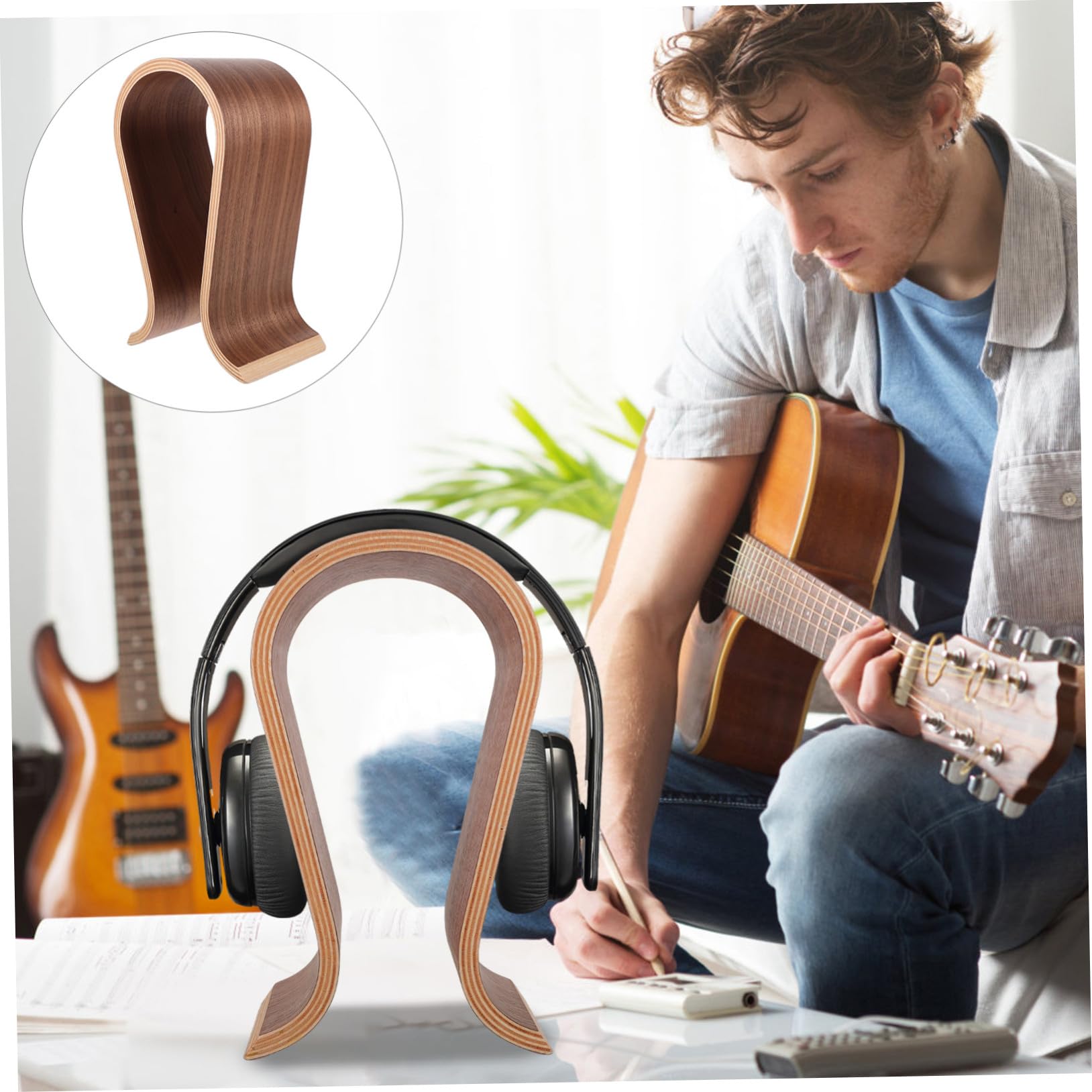 Operitacx Soporte Auriculares Madera Nogal Diseño U Soporte Escritorio Estable para Cascos Diadema Hogar Oficina