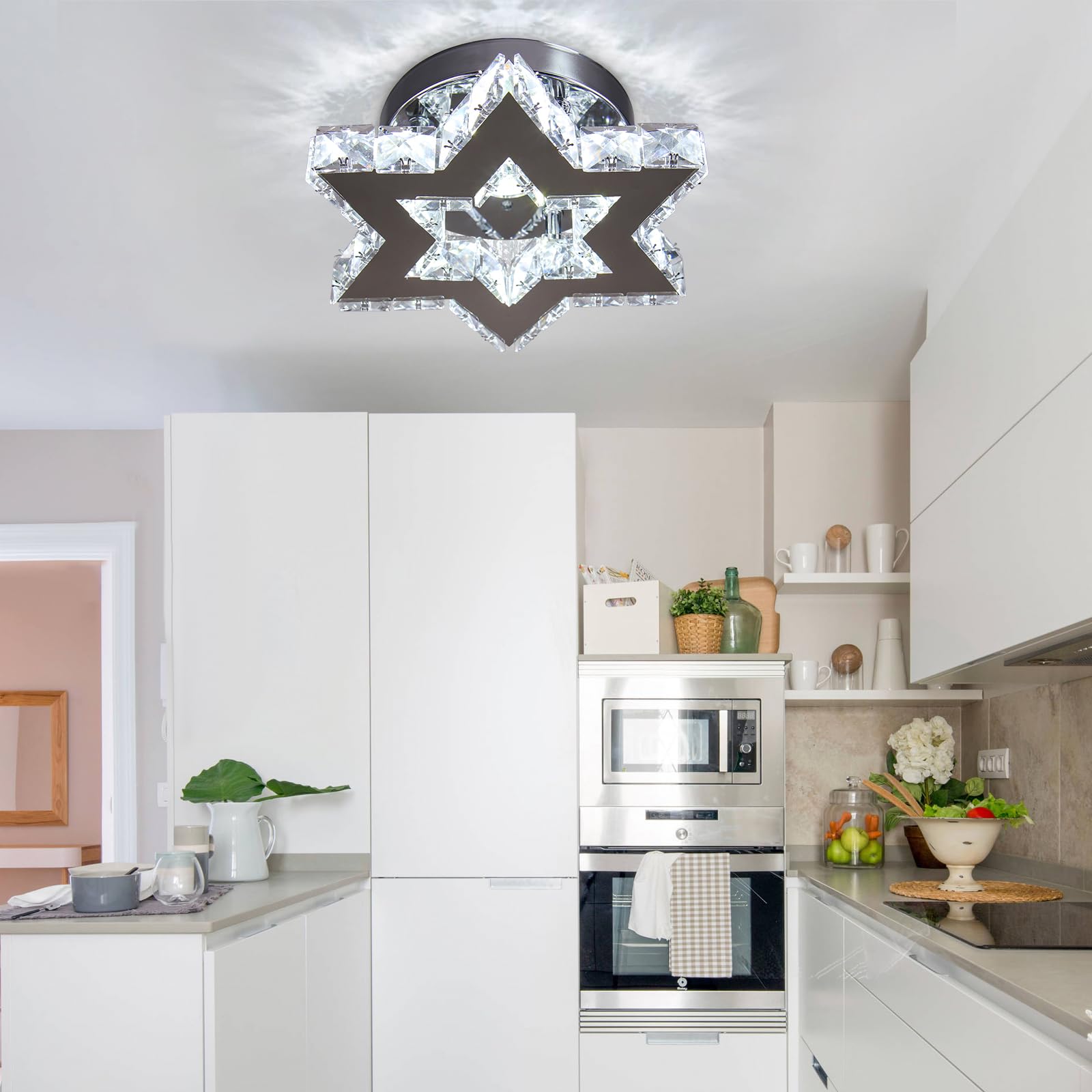 Moderne LED Kristall Kronleuchter Edelstahl Mini Deckenleuchte Stern Flush Mount Deckenleuchte für Schlafzimmer Esszimmer Flur Insel (kühles Weiß)