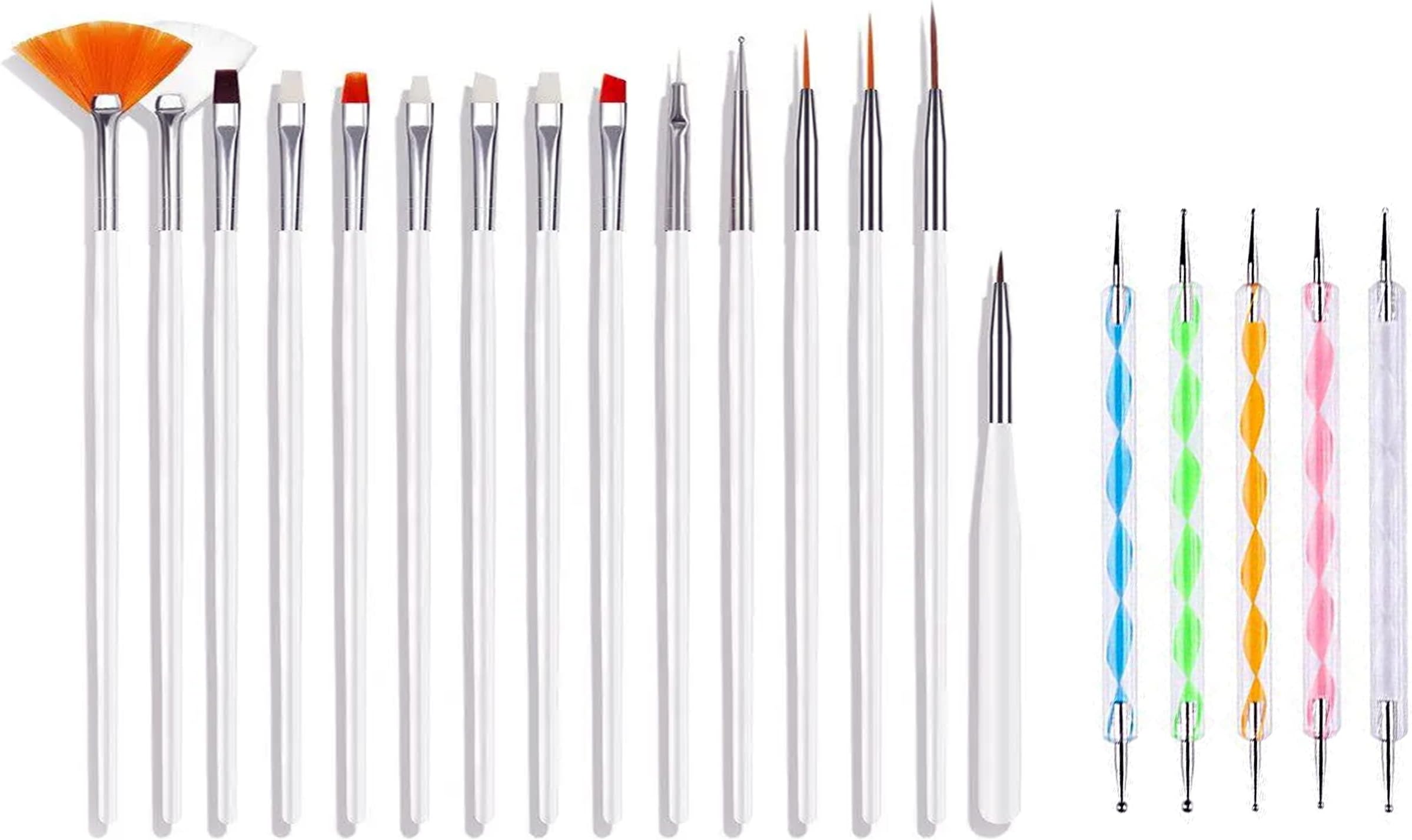 15 Pieces Nail Art Brush Set for Detailing, Striping, Blending, Nail Art, 3D-Gel Painting, 1 Set Dotting Pen For Fan and Liner, 5Pcs 2 Way Dotting Pen Tool Set Nail Art Tip, Multicolor