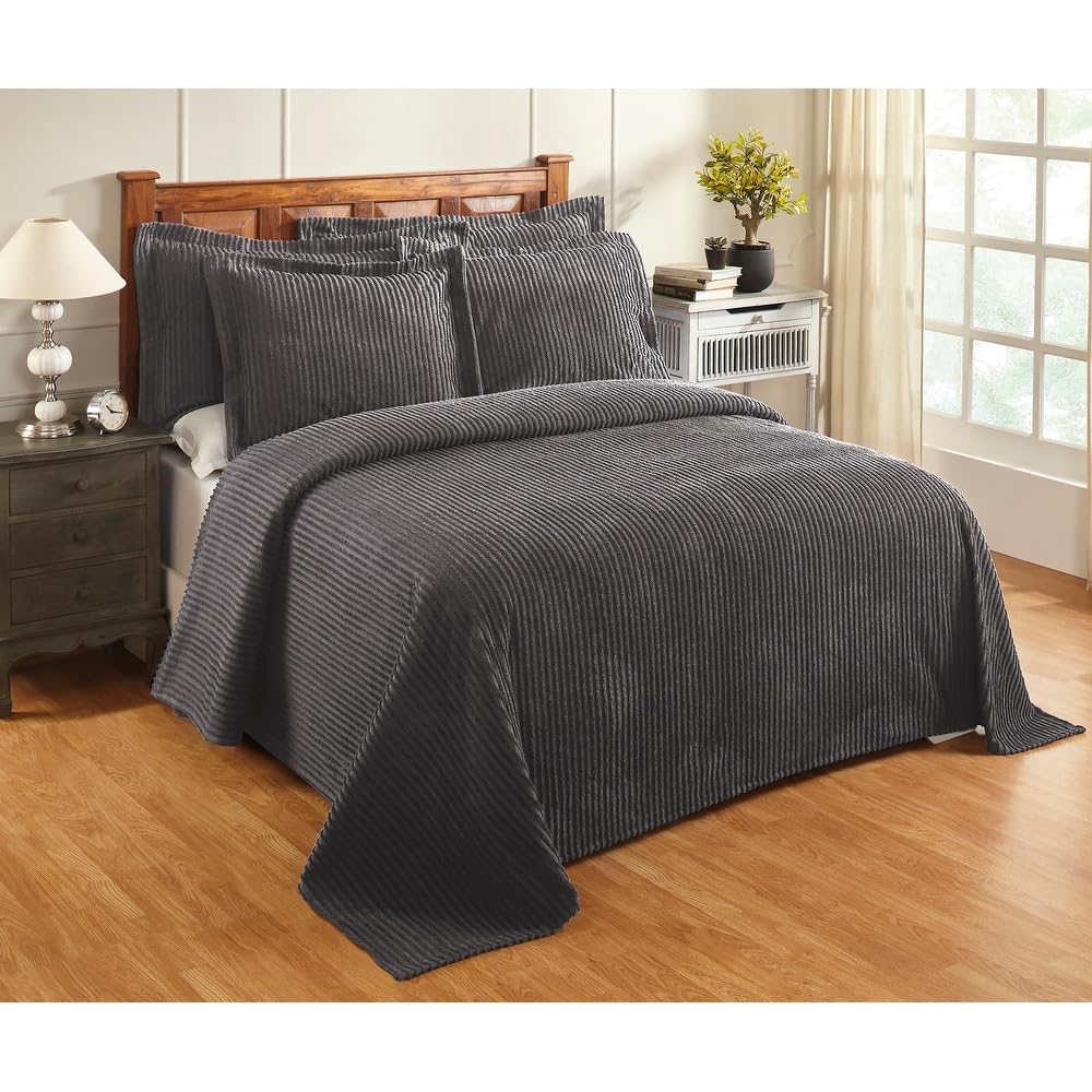 3 Piece Soft & Plush Chenille Tufted 100% Cotton Full Quilt Bedspread | Bold Stripe Design in Pretty Gray Color | Luxurious All Seasons Machine Washable Aesthetic Bedding