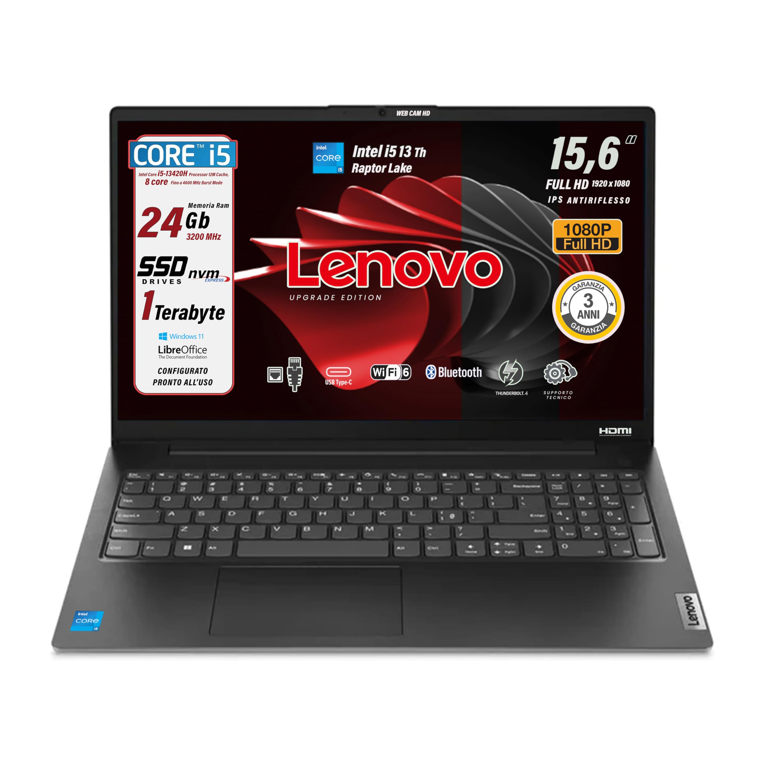 Lenovo, pc portatile Notebook, i5 13420H 13th, Raptor Lake, memoria Ram 24Gb, Display IPS FHD 15,6", SSD 1Terabyte, Wi-Fi6, Bt, USB Thunderbolt, Win11, Pronto all'Uso, Garanzia Italia 3 Anni