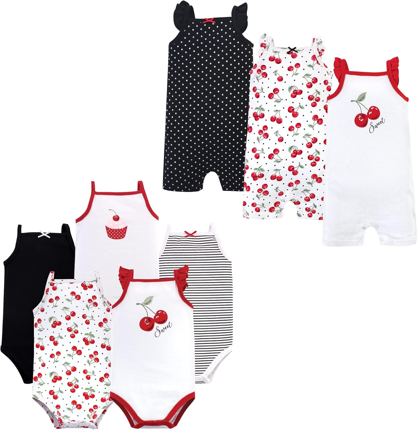 Hudson Baby Unisex Baby Bodysuits Rompers, 8-piece, Cherries, 3-6