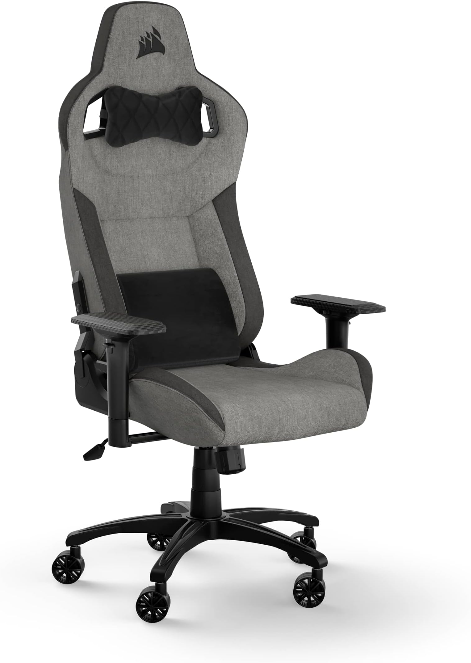 T3 RUSH Fabric Gaming Chair (2023) – Racing-Inspired Design – Soft Fabric Exterior – Padded Neck Cushion – Memory Foam Lumbar Support – Adjustable Seat Height – Grey & Charcoal