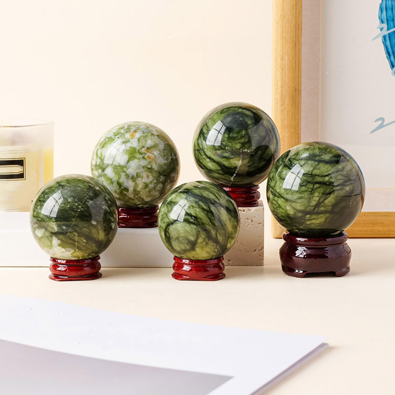 Sfera cristallo per meditazione pietra con sfera giada naturale Xiuyan | Collezione campioni sfere rotonde per decorazioni collezioni home office, sfera di cristallo naturale con base in legno
