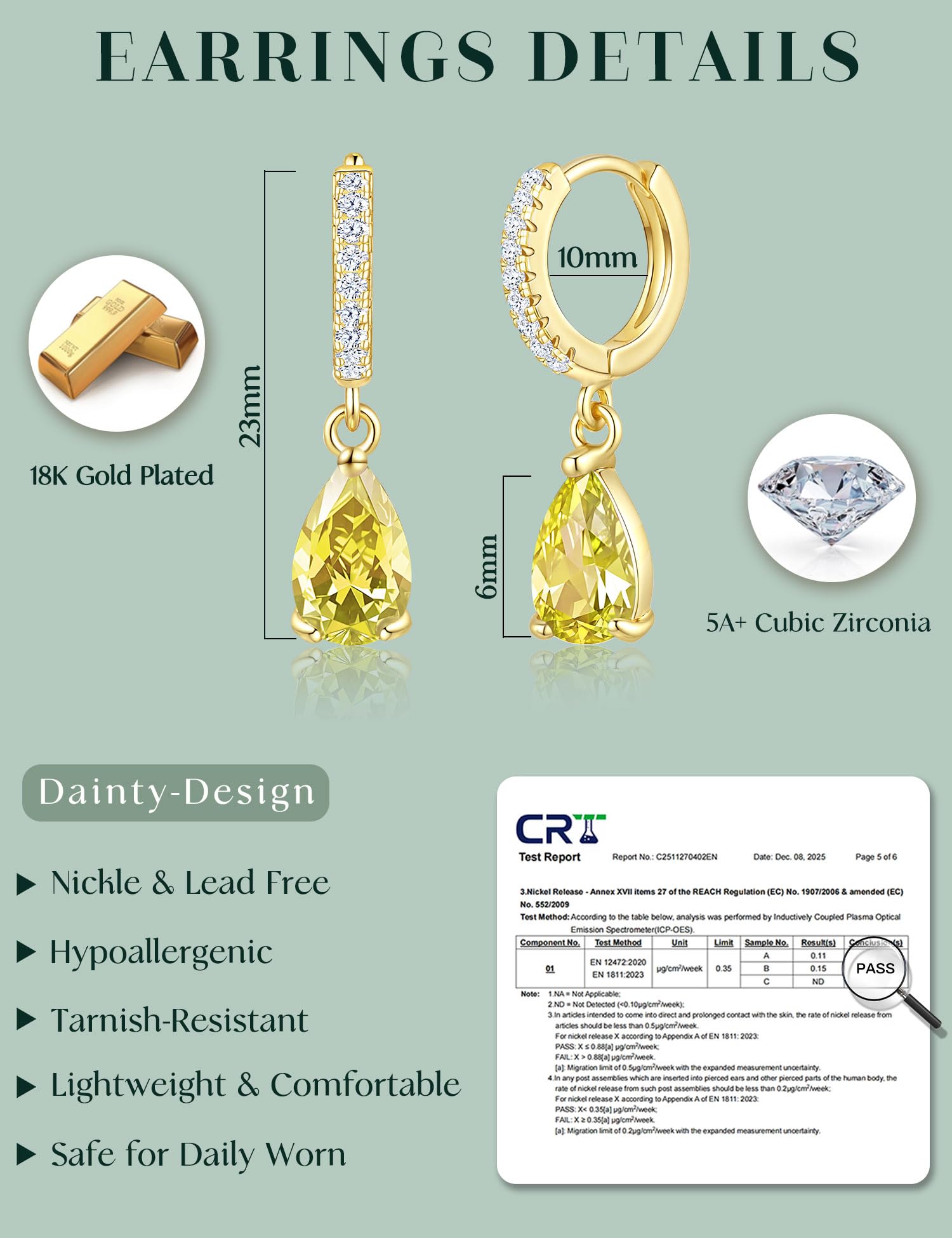 ZNBOH Orecchini Pendenti Donna Oro Placcato 18K Anallergici Piccoli Orecchini con Zirconi Pietra di nascita Smeraldo Acquamarina Ametista Moissanite Piercing Orecchio Cerchio Gioielli Regalo Donna