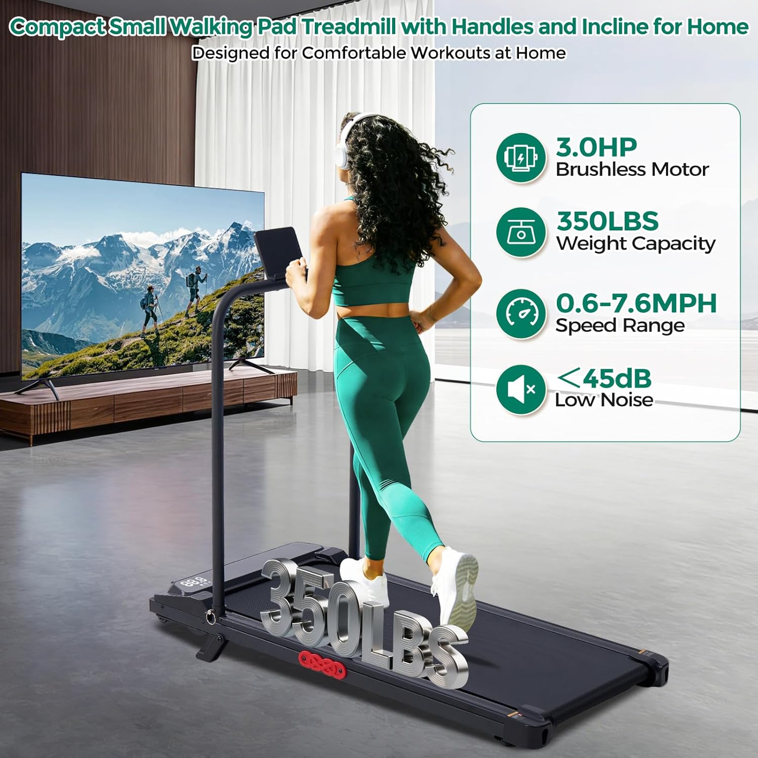 Walking Pad Treadmill with Handle Bar and Incline, 0.6-7.6MPH Electric Under Desk Treadmill for Home Small, 350LBS Mini Small Treadmills with Handles, 3.0HP Portable Treadmills for Home Exercising