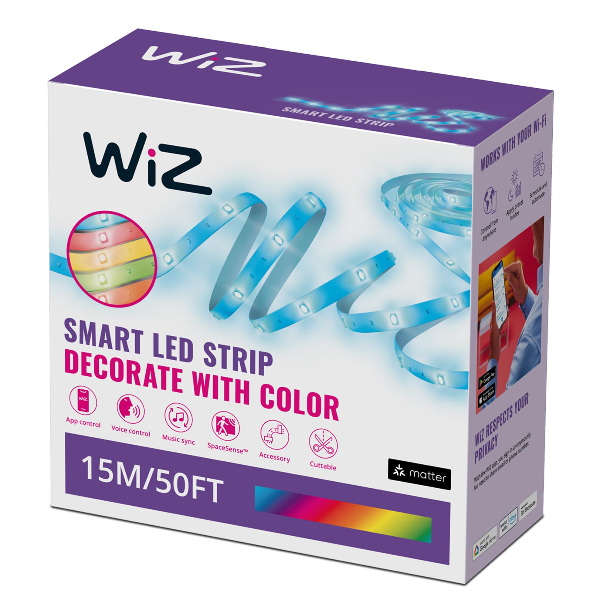 WiZ Smart RGB LED Strip Light, 15 m Cut to Fit, 16 Million Colors, Dynamic Scenes, Wi-Fi, Voice/App Control