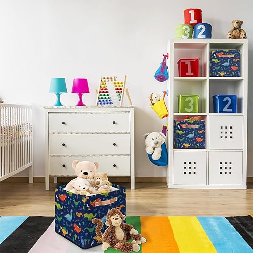 Miniatura 7 de Colección de lindos dinosaurios de dibujos animados, caja de almacenamiento plegable de tela, 13 x 13 x 13 pulgadas, cubos cuadrados con asas, para