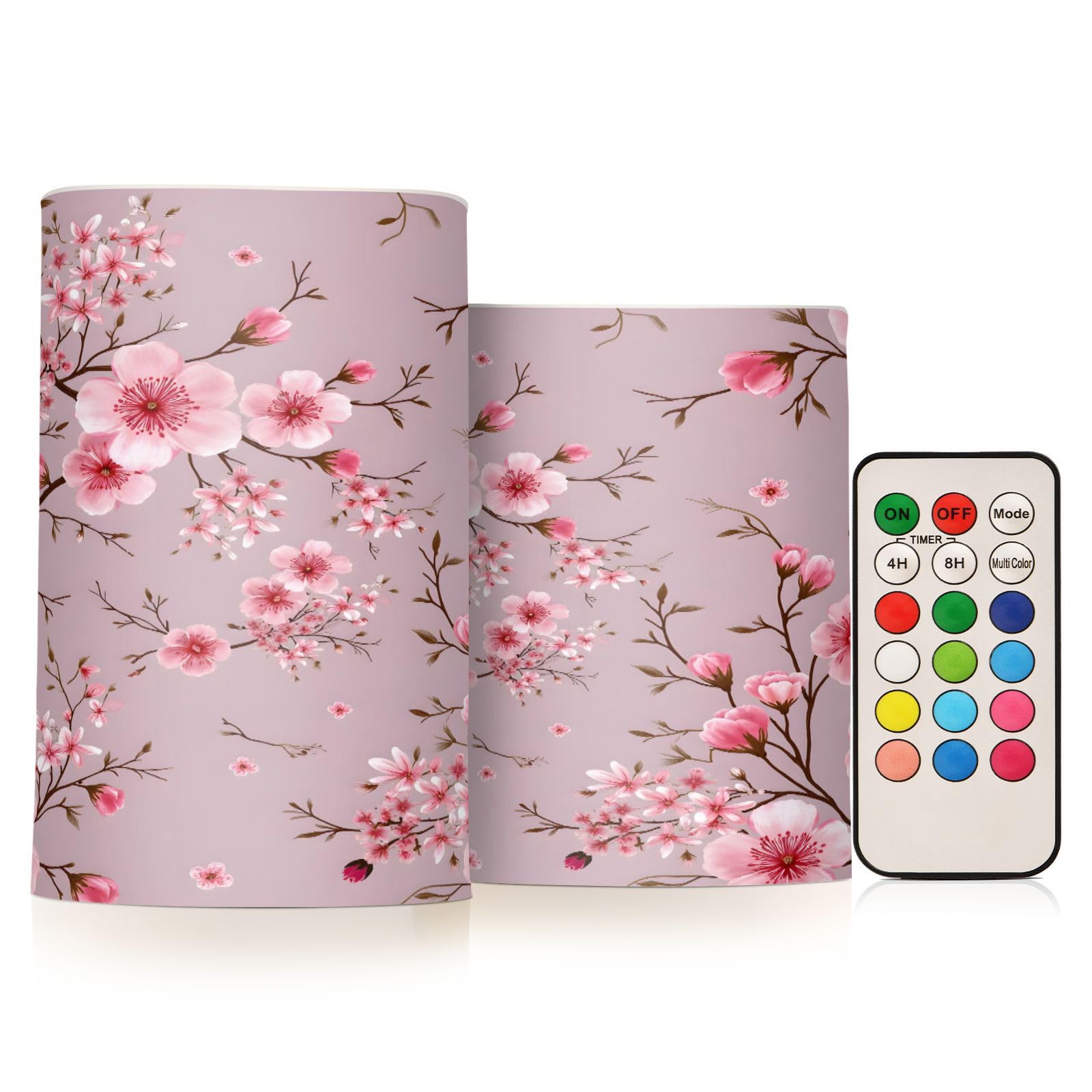 ALAZA Pink Floral Cherry Blossom Flickering Flameless Candles Battery Operated with Remote Timer,Tea Light Candles LED Pillar Votive Candles Set of 2 for Outdoor Indoor Decorations — image 1