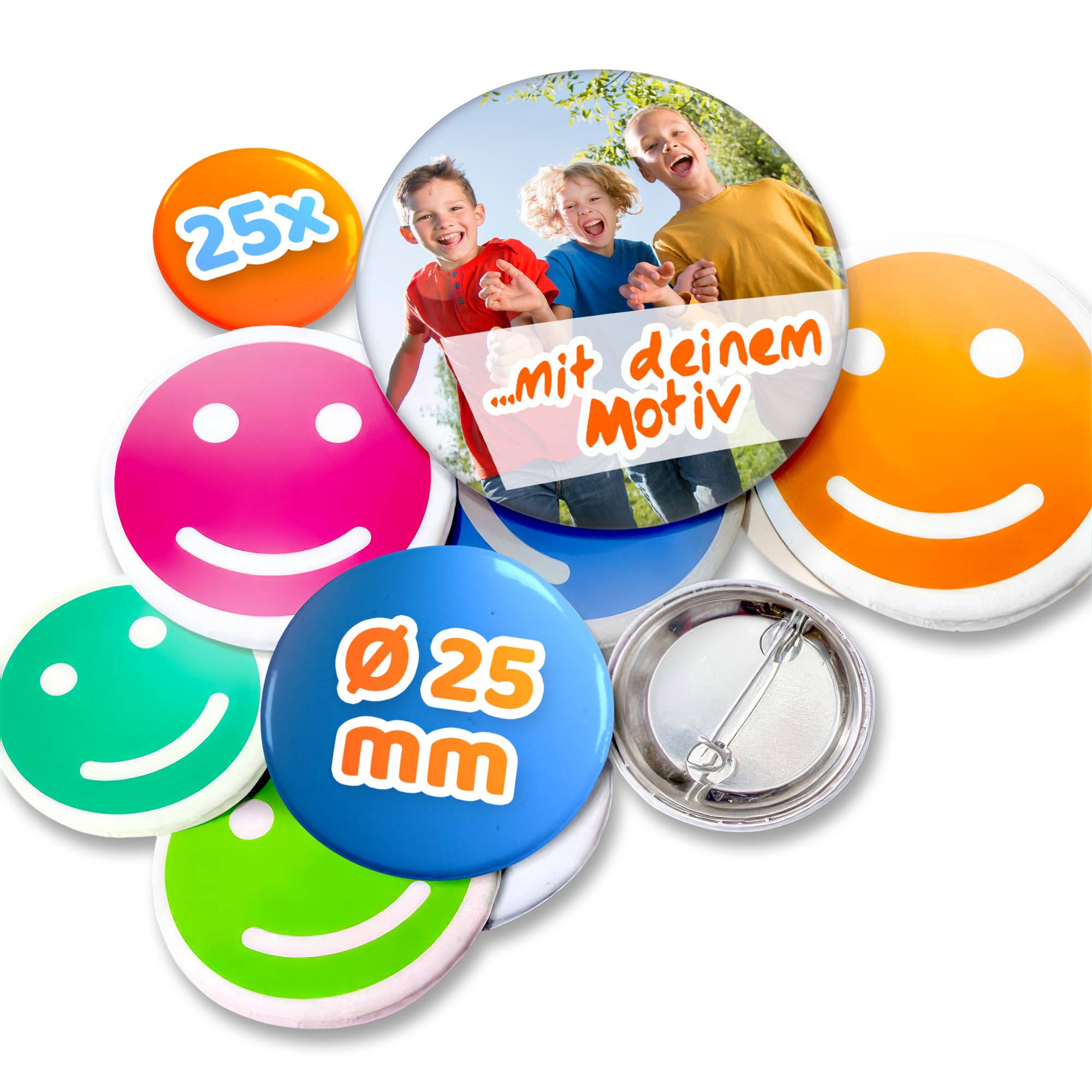 Kopierladen Spilla Personalizzabile con Foto, Fantasia o Motto, Rotonda, Diametro Ø 25 mm, 25, Pezzi, Ideale per Logo e Smile